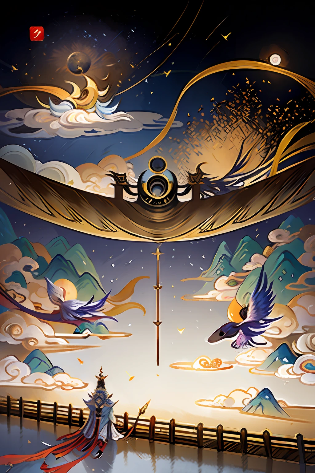 The legend of Sigangli,Sun and Moon、Sky and clouds、A star falls on the night sky、Stockades and bamboo buildings、Wood Valley of the Wa、A silver bird flew in the distance,An ancient Chinese painting, ancient chinese background, mountain ranges, rios, rays of sunshine, tmasterpiece, super detailing, Epic composition, hyper HD, high qulity, extremely detaile, offcial art, 统一 8k 壁纸, super detailing, 32k -- v 6