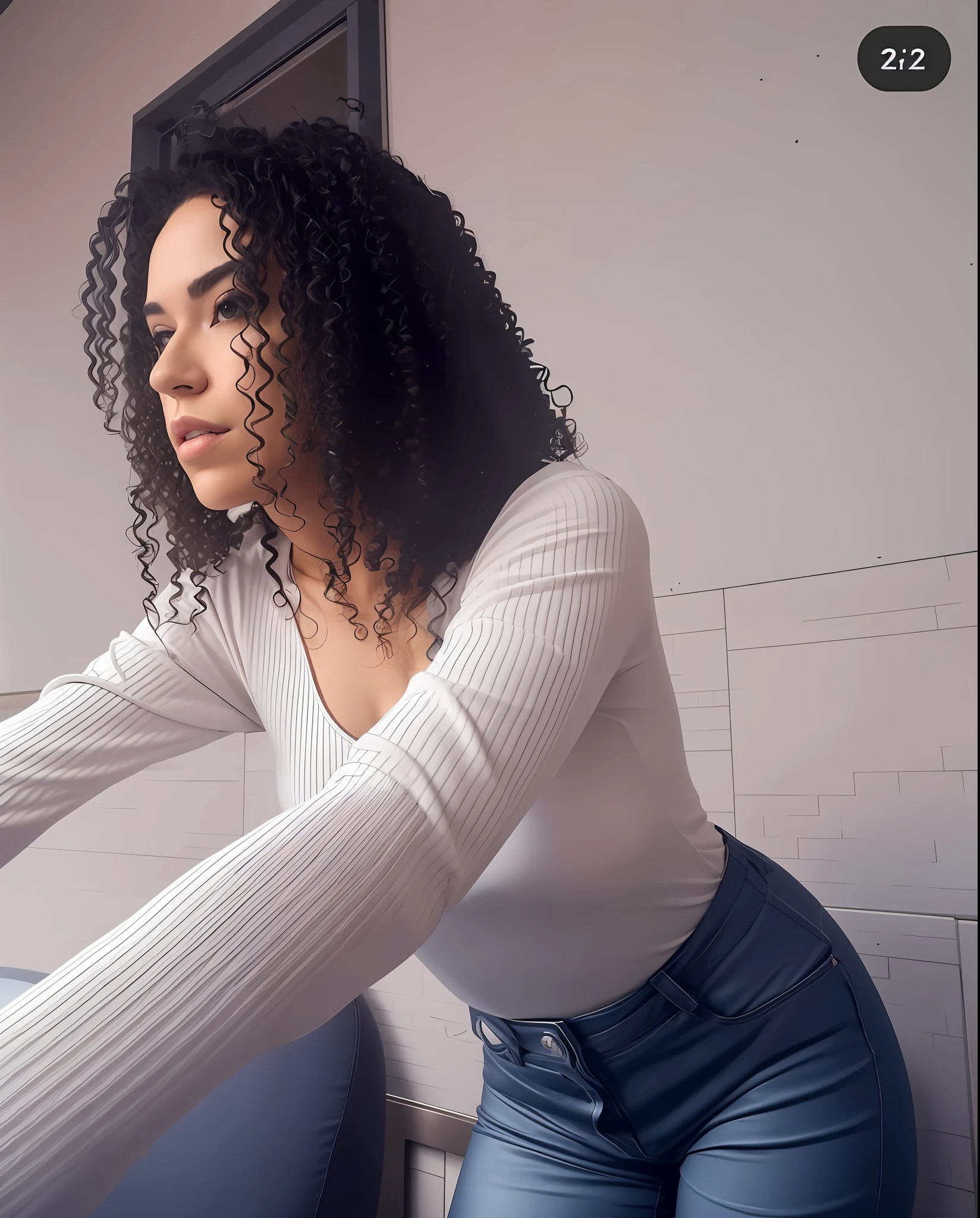 There is a woman sitting on a bed with a remote control, cabelos cacheados, encaracolado, Pose casual, curly hair, com cachos, cachos por cima, com longos cabelos cacheados, Cachos e curvas, com afro, cabelos cacheados e curtos, usando um top cropped sexy, beautiful angle, usando um top bonito, sentado em uma mesa, pose lateral, linda senhora