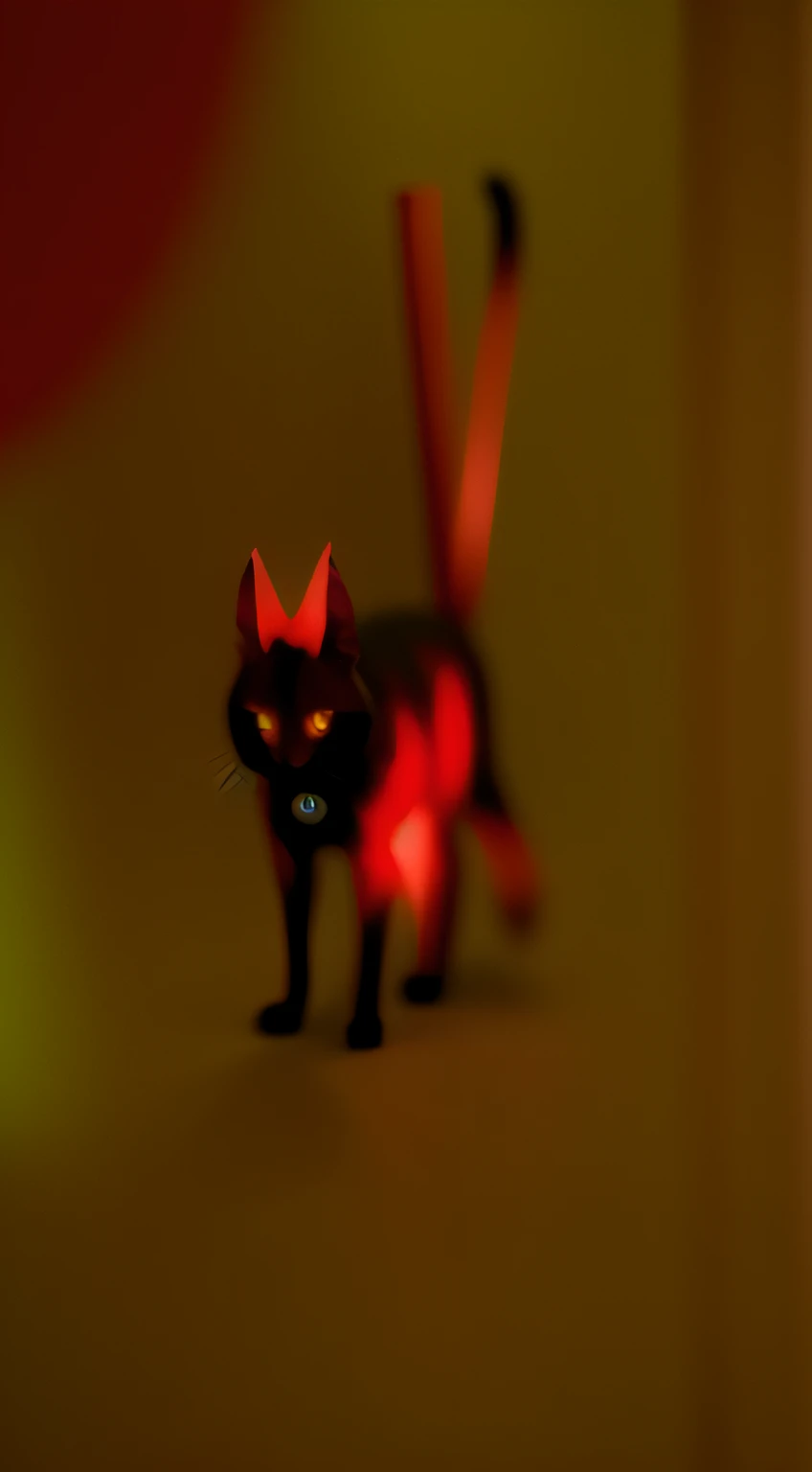 Blurry image of a cat with a red collar, demon cat, Red glowing eyes, cat - like scarlet eyes, with red glowing eyes, heavy jpeg artifact blurry, Glowing red eyes, kitava, cat from the void, vampire cat, with glowing red eyes, fully red eyes no pupils, Small Fire Phlegm, The eyes are completely red from the five cats