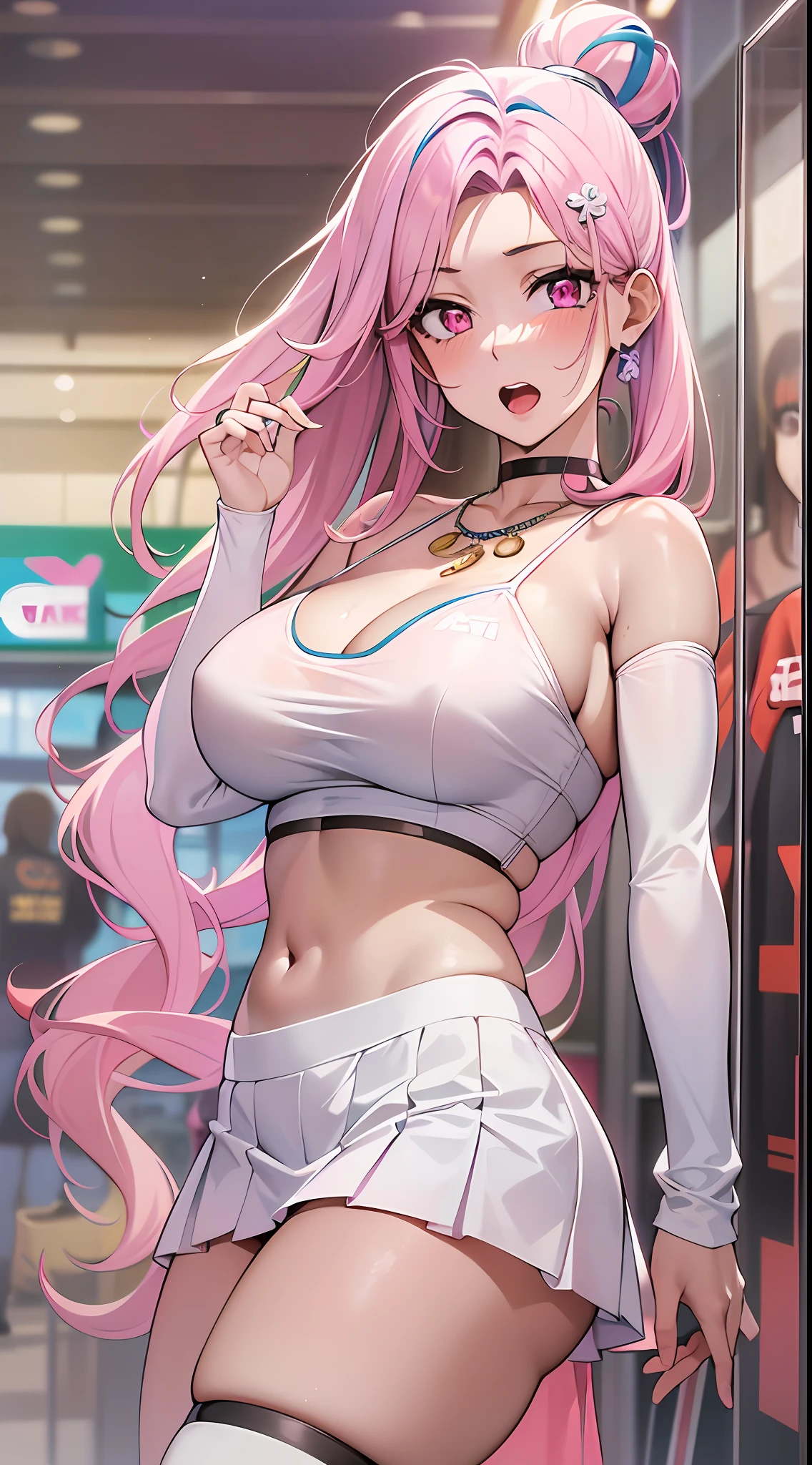 SeaArt Bot Upscaling 08:40:15 Task ID:46806300934213 ((Masterpiece)), best quality, absurderes, ultra detailed, holographic, cowboy shot, golden ratio, super cute girl, mature girl, idol girl, super beautiful asian girl with very beautiful violet glowing eyes, beautiful glowing white multicolored hair, high ponytail, nice and sexy body, slim body, perfect body, wearing a super tight anime pink pleated skirt, a white anime printed super tight off shoulder long sleeve crop top, a choker, white stockings, beautiful hair ornament, pink jordan tennis, being photographephed in the mall, in the anime store
