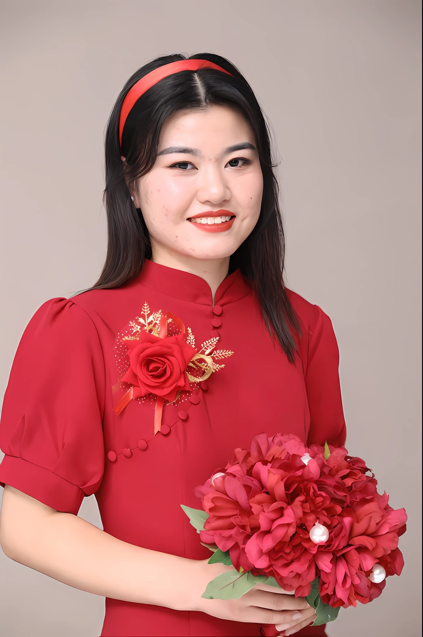 An Arad woman in a red dress holds a bouquet of flowers, Wearing a red cheongsam, Cheongsam, inspired by Yao Tingmei, Chinese woman, with acient chinese clothes, inspired by Park Hua, Inspired by Dai Xi, wearing red attire, inspired by Xu Xi, inspired by Ju Lian, Chinese traditional, Chinese girl, Chinese style, Chinese dress