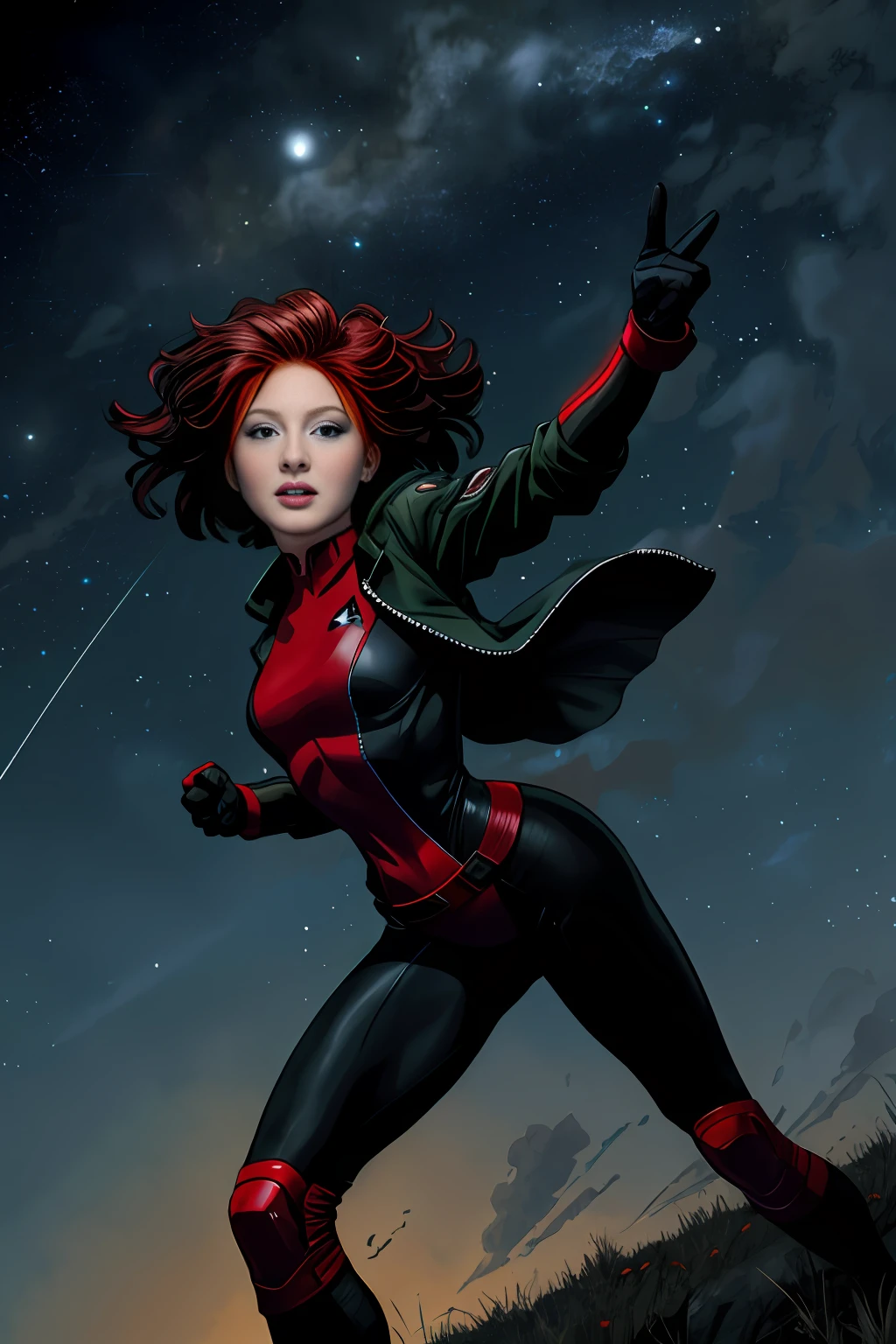 Rogue,looking at viewer, short hair, Xtreme,jacket, sky, teeth, red and black bodysuit, red bodysuit, night, moon, grass, star (sky), night sky, full moon, starry sky, running, , specular highlights, Rogue of the X-men, dynamic angle, dynamic lighting, side lighting, rim lighting, sci fi