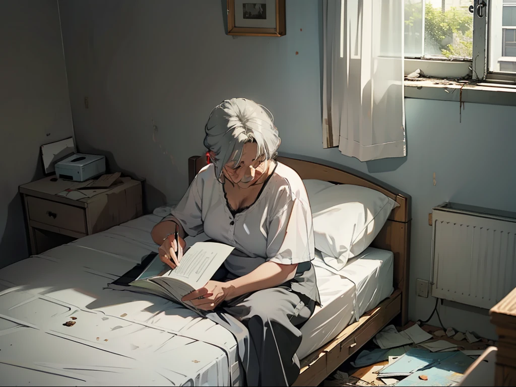(A gray-haired grandmother sat on the bed),Dilapidated room with background