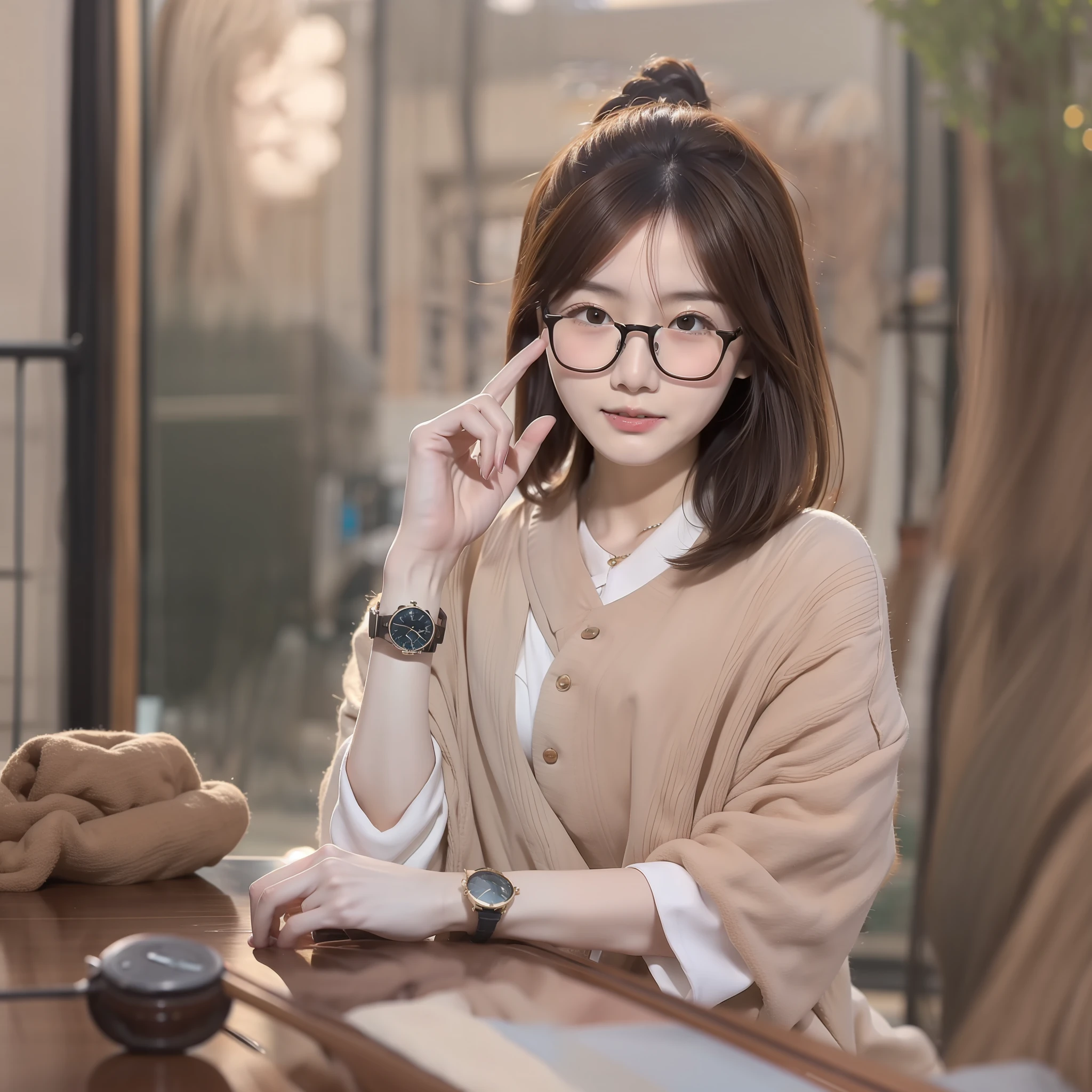 a chinese lady,mature,sedate,Goddess of the sun,Hairstyle brown,Brush your hair with your hands,The expression is shy and shy,round frame glasses,Bring a watch,Delicate facial features,