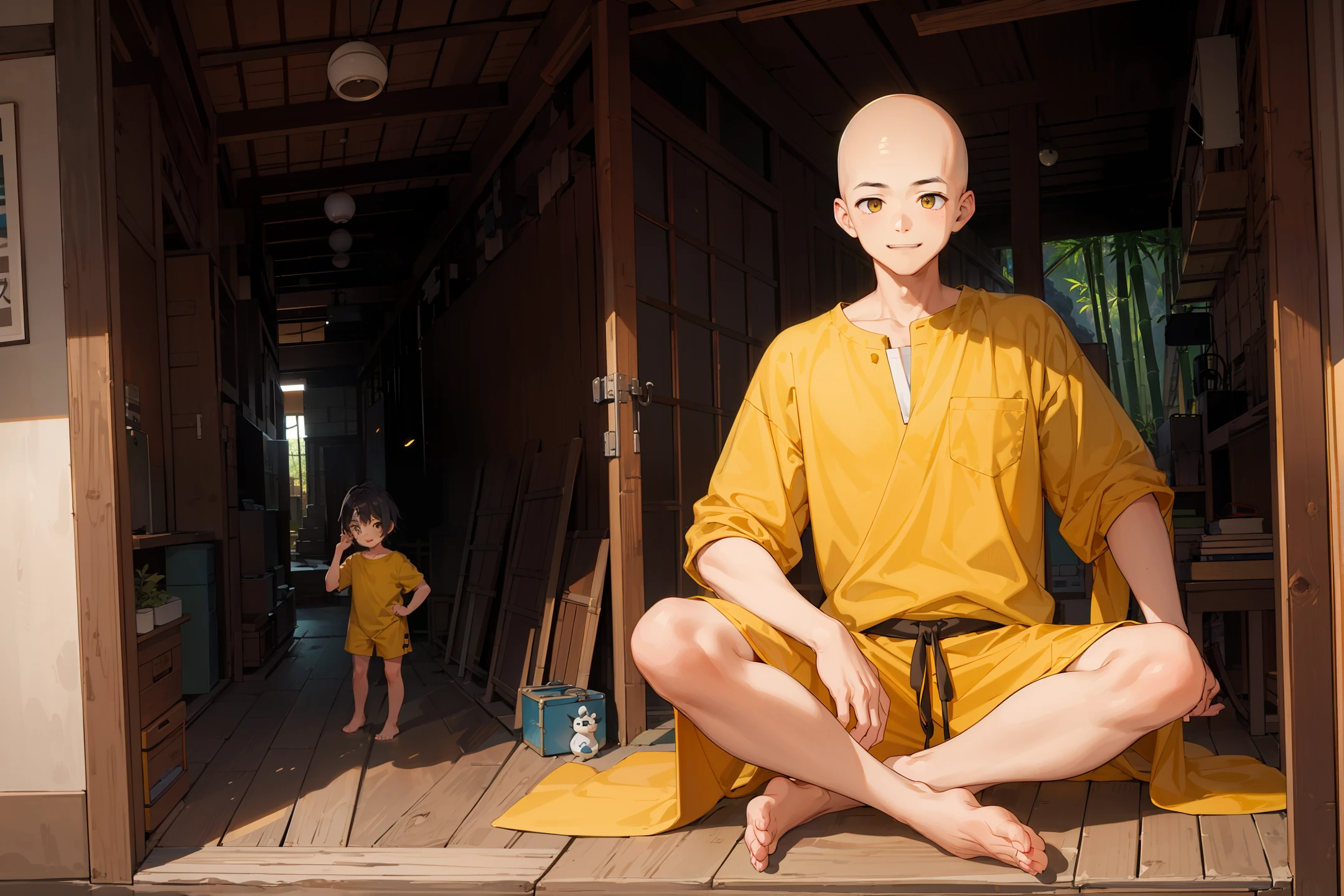 younge boy，No hair，largeeyes，ssmile，A half body，yellow clothing，Practitioners，4k，Bamboo forest in background，mountain peaks，Frontal photo，sitted，crossedlegs