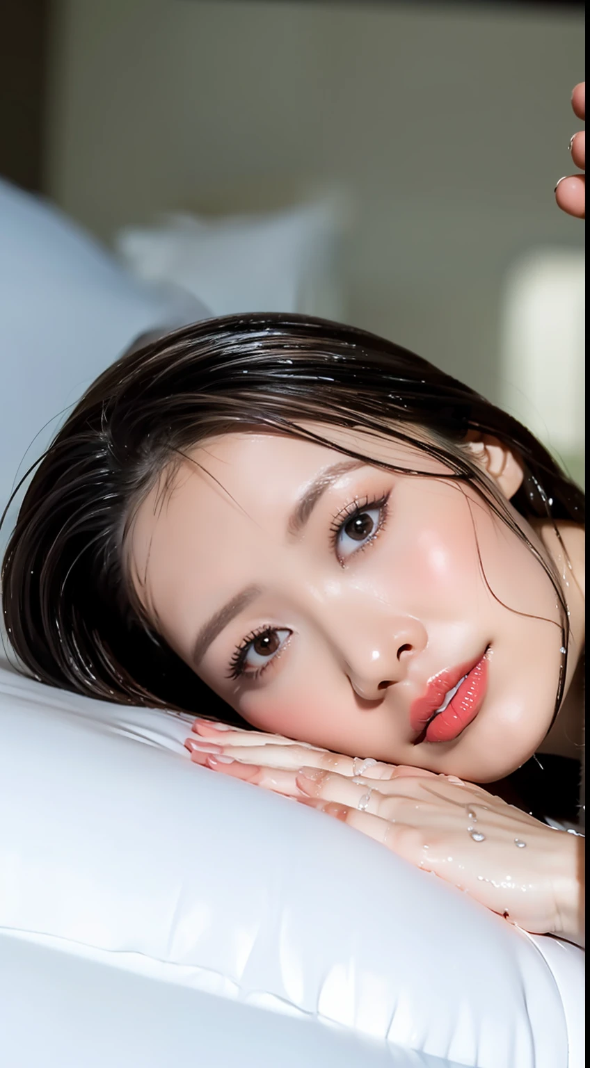 (Best Quality, 8k, 32k, Masterpiece, UHD: 1.2), Cute Japan Female Pictures, 1 Girl, (Medium: 1.1), (Tall Women), (Slim Figure: 1.1), (Glossy, Wet, Rubber Suit), Dark Brown Short Hair), Double Eyelids, Wet Skin, Wet Hair, Lying in Bed