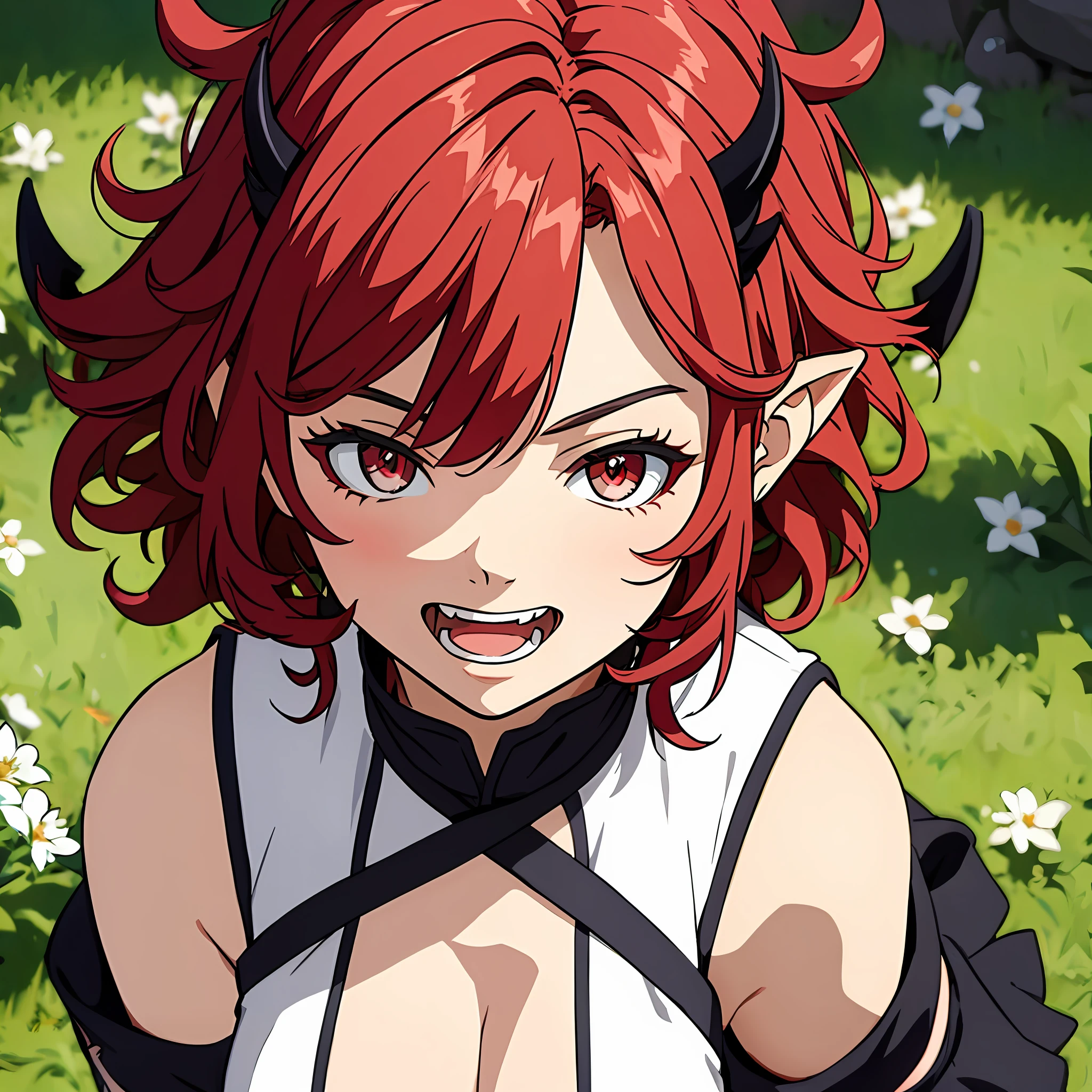 Ghibli-like colors, flower, back lit lighting, blend, Optical illusion, From above, Masterpiece, High quality, 1080p, A medium-sized portrait of a -yeld gi Anime style, with curly red hair, Devil's ears, Paired with demon armor, red - eyed, open mouth in a big smile, fangs showing, Heavy makeup