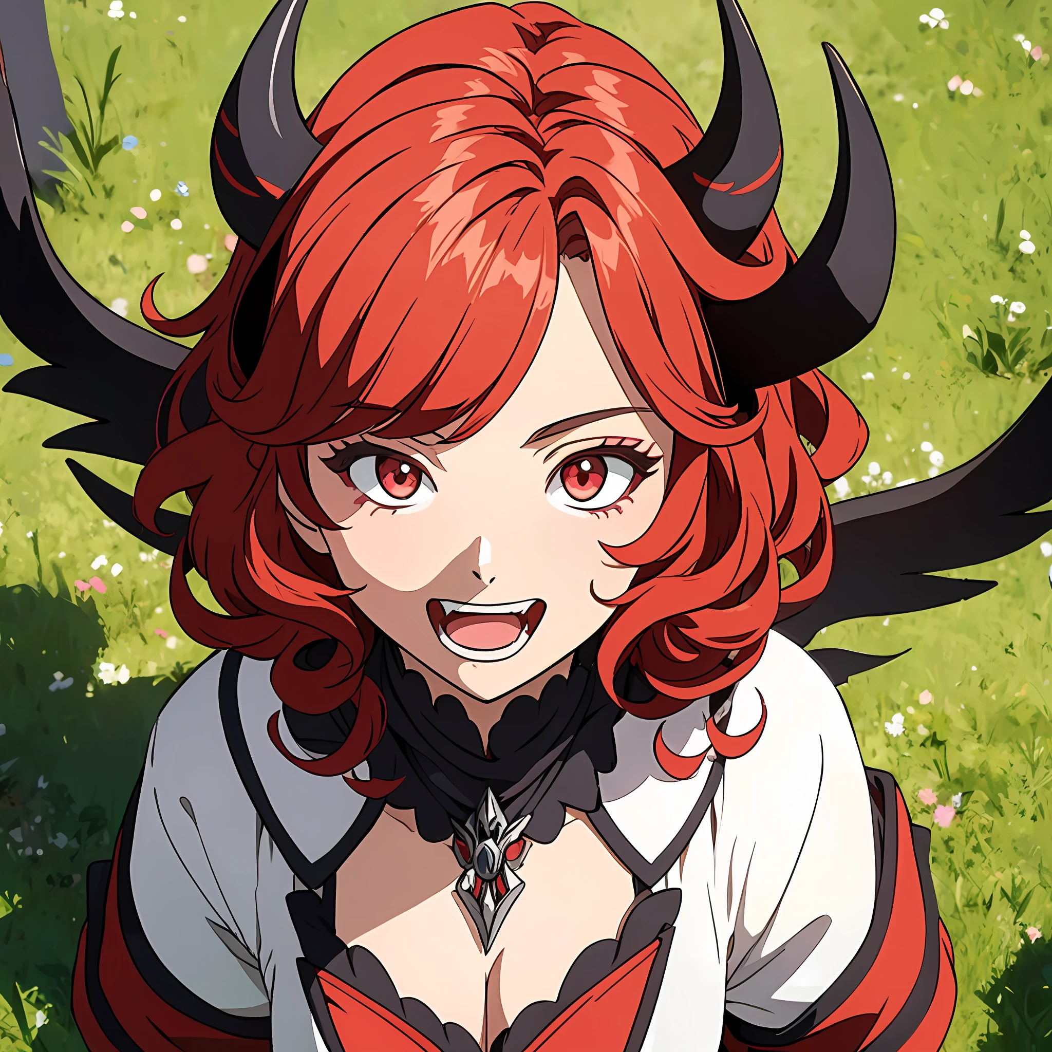 Ghibli-like colors, flower, back lit lighting, blend, Optical illusion, From above, Masterpiece, High quality, 1080p, A medium-sized portrait of a 16-year-old girl, Anime style, with curly red hair, Devil's ears, Paired with demon armor, red - eyed, open mouth in a big smile, fangs showing, Heavy makeup