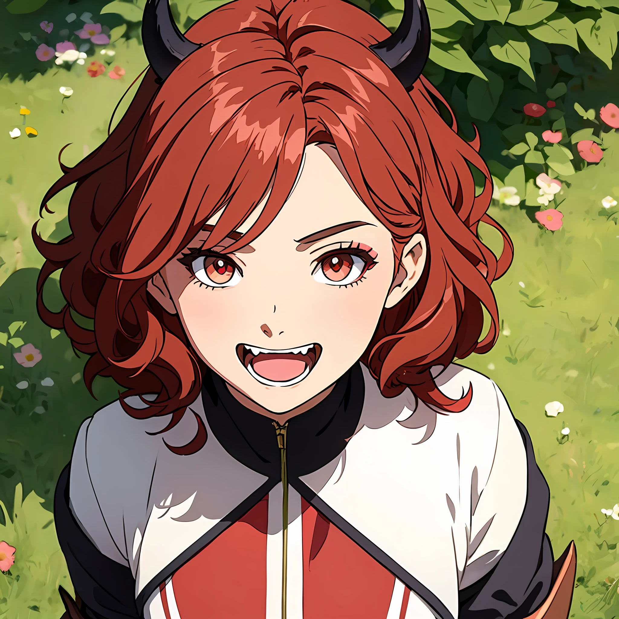 Ghibli-like colors, flower, back lit lighting, blend, Optical illusion, From above, Masterpiece, High quality, 1080p, A medium-sized portrait of a 16-year-old girl, Anime style, with curly red hair, Devil's ears, Paired with demon armor, red - eyed, open mouth in a big smile, fangs showing, Heavy makeup