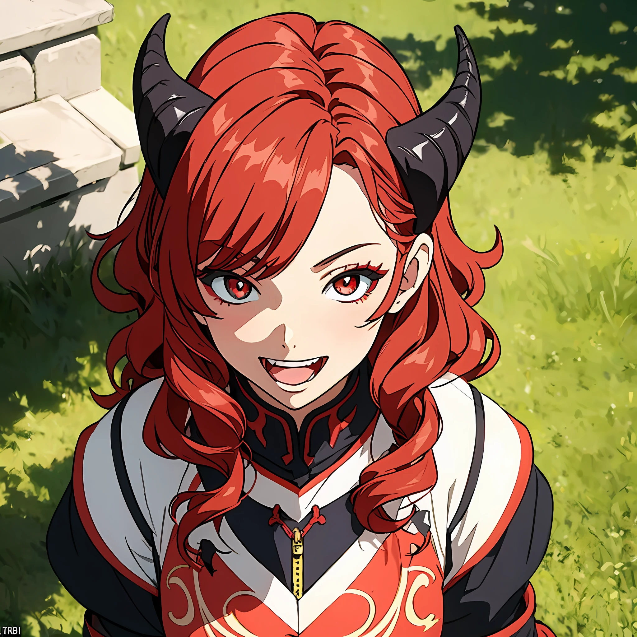 Ghibli-like colors, flower, back lit lighting, blend, Optical illusion, From above, Masterpiece, High quality, 1080p, A medium-sized portrait of a 16-year-old girl, Anime style, with curly red hair, Devil's ears, Paired with demon armor, red - eyed, open mouth in a big smile, fangs showing, Heavy makeup