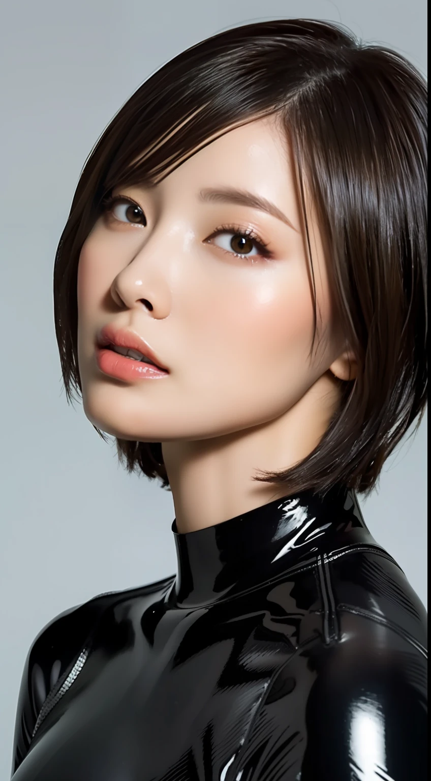 (top-quality、4K、Master masterpiece:1.3)、A Japanese Lady、1girl in、Sexy:1.1、Shorthair、The sheen、Latex、wet suit、hyperdetailed face、Detailed lips、Detailed eye、