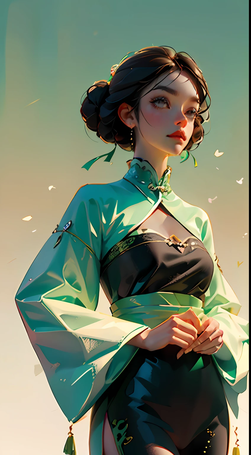 (upper body: 1.5), (white background: 1.4), ((tachi-e)), original, (illustration: 1.1), (best quality), (masterpiece: 1.1), (extremely detailed CG unity 8k wallpaper: 1.1), (color: 0.9), (panorama: 1.4), (full body: 1.05), (single: 1.2), (splash ink), (splash color), ((watercolor)), clear and sharp, {1girl standing}, ((chinoise)), floral background, outdoors , rock, looking at the viewer, making happy expressions, soft smiles, purity, beautiful detailed face and eyes, beautiful complex costume decoration pattern details, black hair, black eyes, colorwater