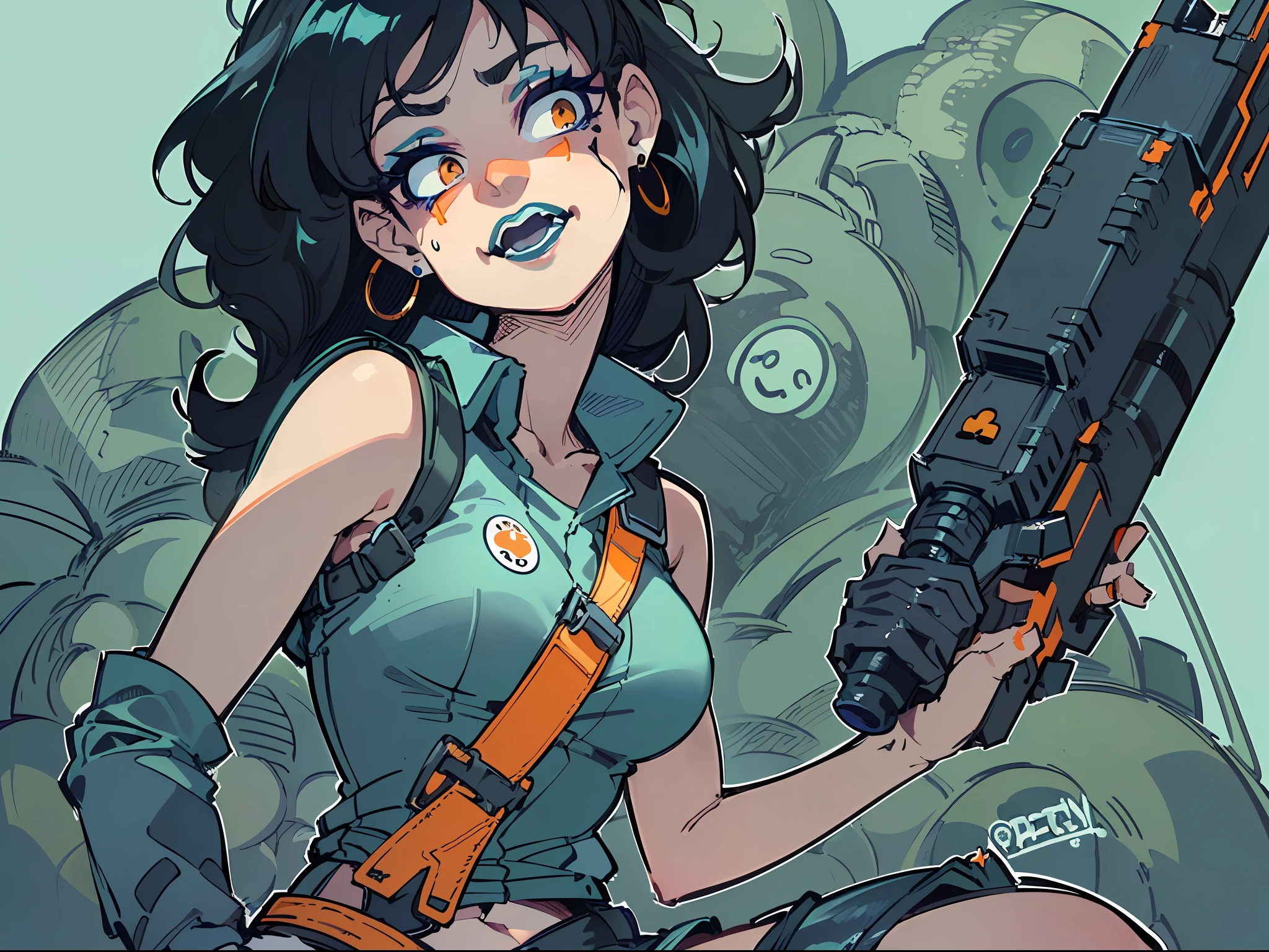 (masterpiece), best quality, expressive eyes, perfect face, ((Kylie Griffin from Extreme Ghostbusters cartoon)), ((Kylie Griffin)), (pale skin, eyeshadow, goth makeup), with monster ghost, ghost small short , ((ghost, (ghostbusters), ((ghostbusters patch on shoulder)), slender figure, (slim fit legs), small breasts, protruding, orange shoulder pads, proton pack on back, full body, (ahegao), very messy dark blue hair medium length, (dark blue lipstick), ankh earrings, proton gun, (brown kneepads, black steeltoe boots, black latex bike shorts), random suggestive pose, cameltoe, delight expression