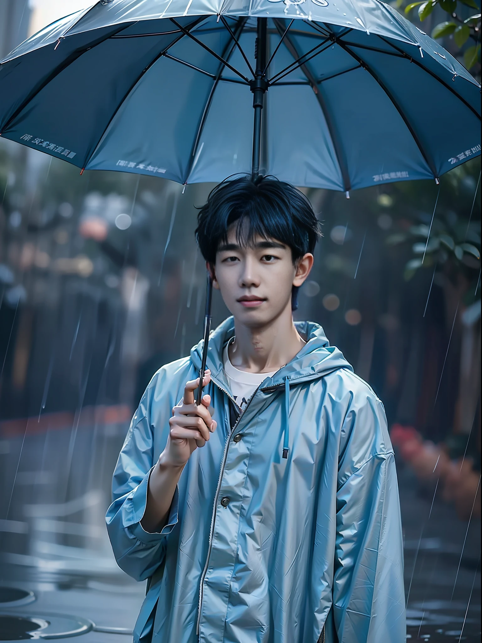 Asian boys, Umbrella in the rain, Snapshot style, aesthetic, onii kei, Captivating gaze style, yosuke ueno, Pictorial drama, snapshot, aesthetic, Rei Kamoi, Douglas Smith, Dark gray and light blue, strong facial expression，Photo shooting，真实感。