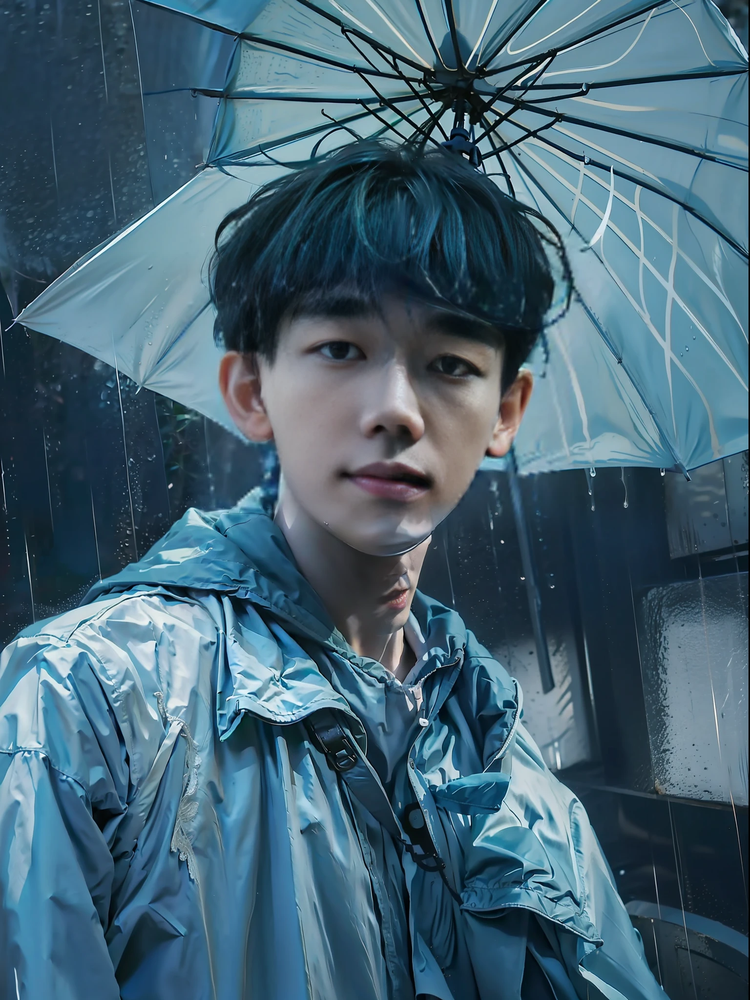Asian boys, Umbrella in the rain, Snapshot style, aesthetic, onii kei, Captivating gaze style, yosuke ueno, Pictorial drama, snapshot, aesthetic, Rei Kamoi, Douglas Smith, Dark gray and light blue, strong facial expression,Photo shooting,真实感。