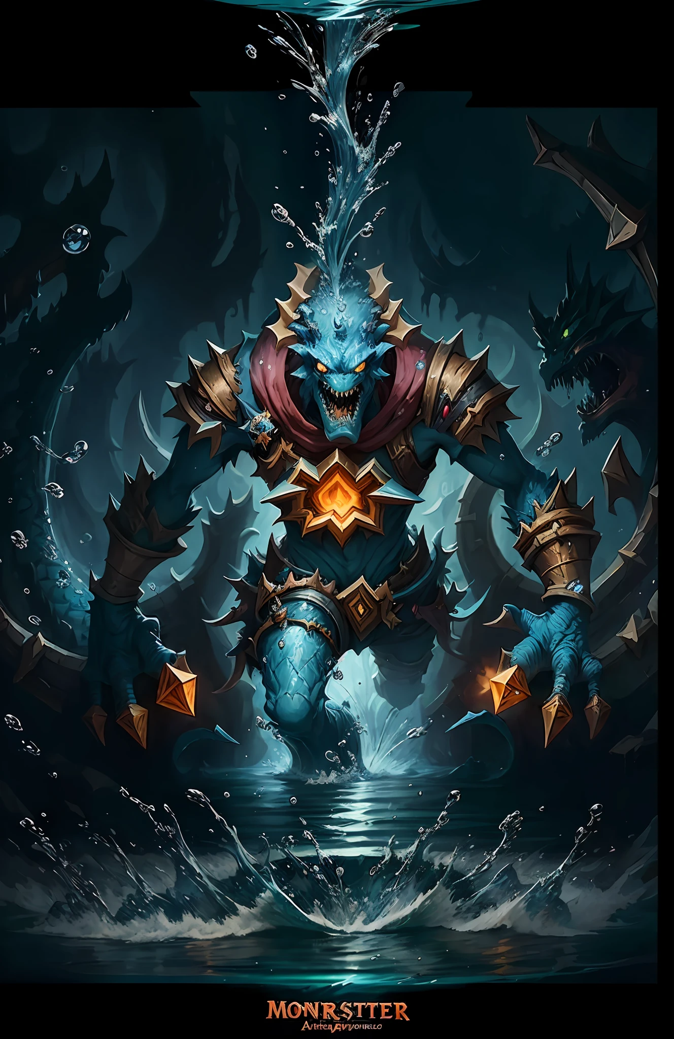 ((A water attribute monster)),，Full shot，Hearthstone painting style, Anthropomorphic expressions, Rich colors, Exquisite details, Masterpiece, Realistic，artsation, CG, Realistic, illusory engine , Real light and shadow, Beautiful rich colors, Amazing details, High quality