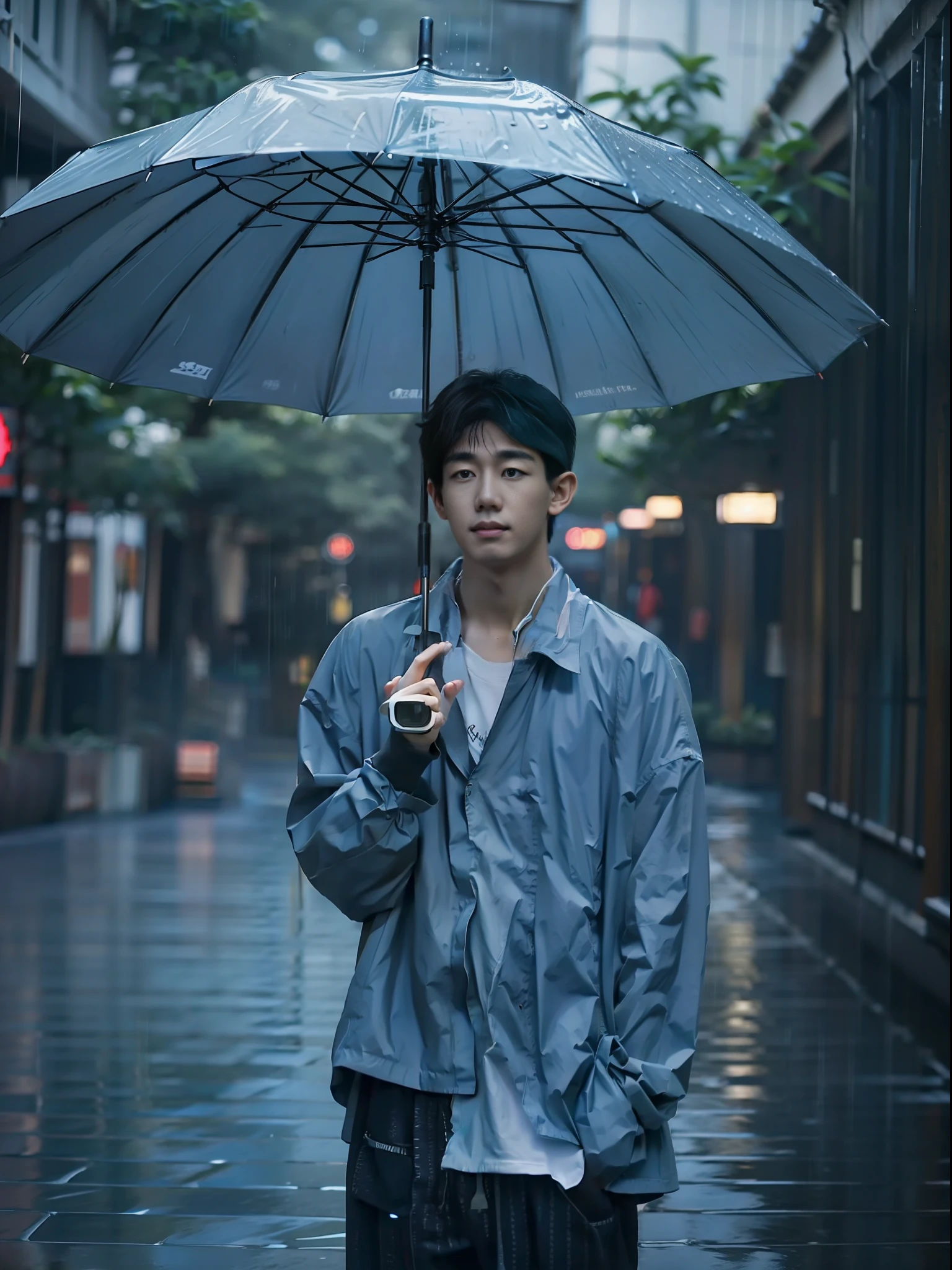 Asian boys, Umbrella in the rain, Snapshot style, aesthetic, onii kei, Captivating gaze style, yosuke ueno, Pictorial drama, snapshot, aesthetic, Rei Kamoi, Douglas Smith, Dark gray and light blue, strong facial expression，Photo shooting，真实感。