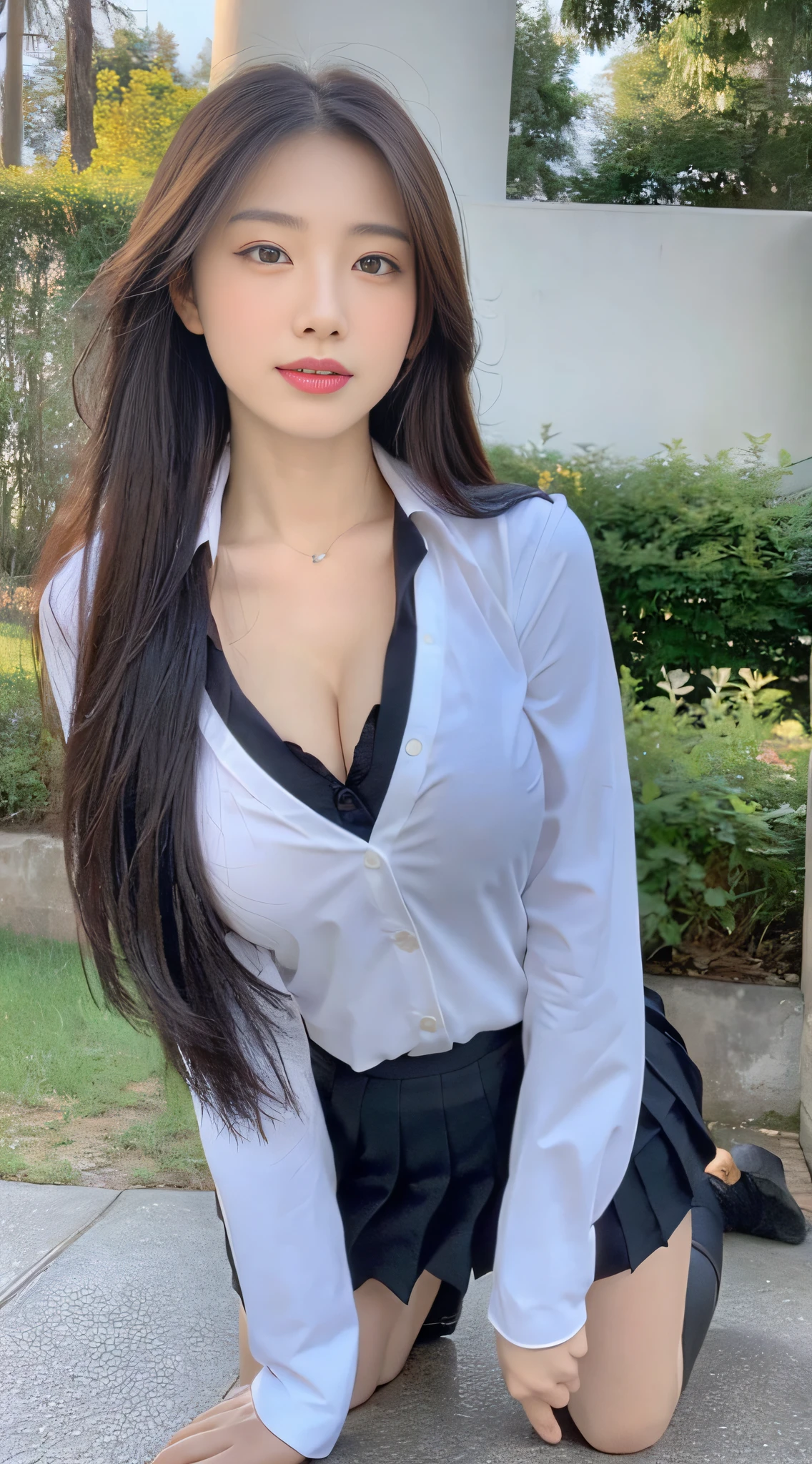 Chinese beautiful woman,perfect bodies,Whiten skin,long whitr hair,Protruding cleavage,Raised sexy,JK school uniform,Full body photo