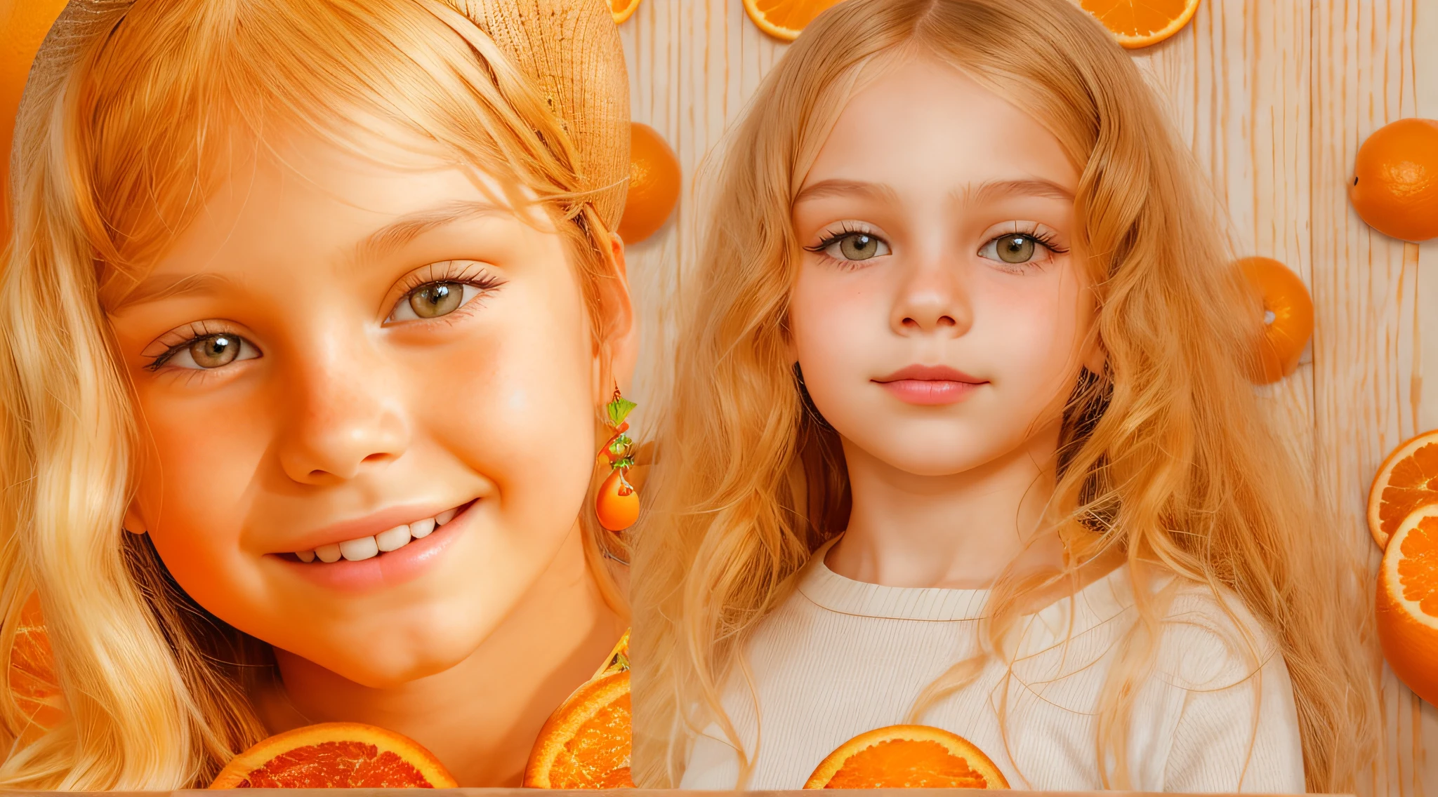 10 year old Russian child girl, close up, PORTRAIT, with long blonde hair, in a cowboy hat, many oranges with leaves on them on a table, oranges, extremely coherent orange, orange skin, orange and orange slices, orange colors, orange color, orange backgorund orange, orange, orange slices, vibrant orange, orange background, an orange, orange colors, very orange, orange theme, orange minerals, in front of an orange background, orange plants