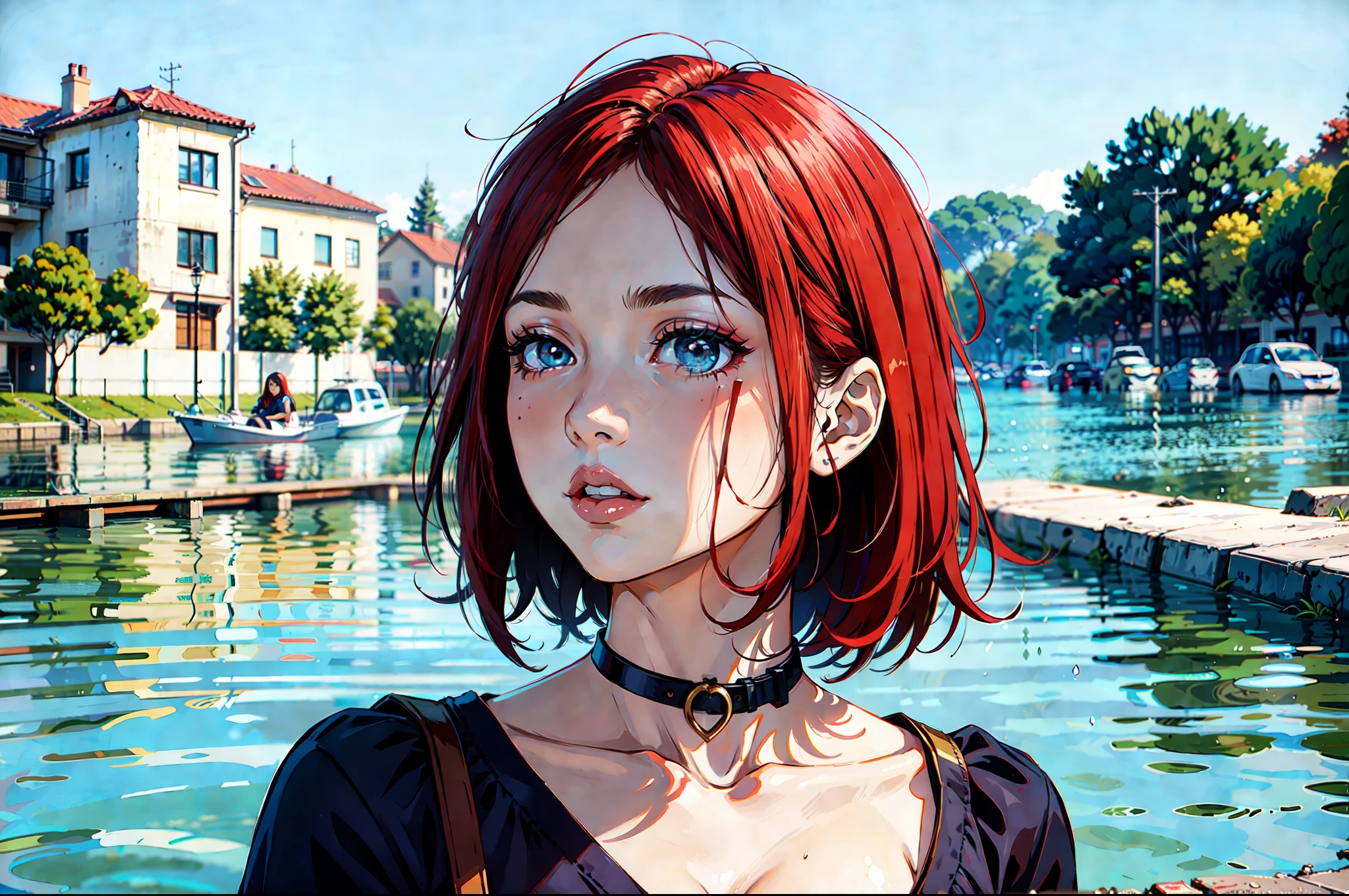 there is a young woman with a short hair and a blue shirt, a redheaded young woman, perfectly centered portrait, 7 0 mm portrait, red haired young woman, 4 k asymmetrical portrait, head centered portrait