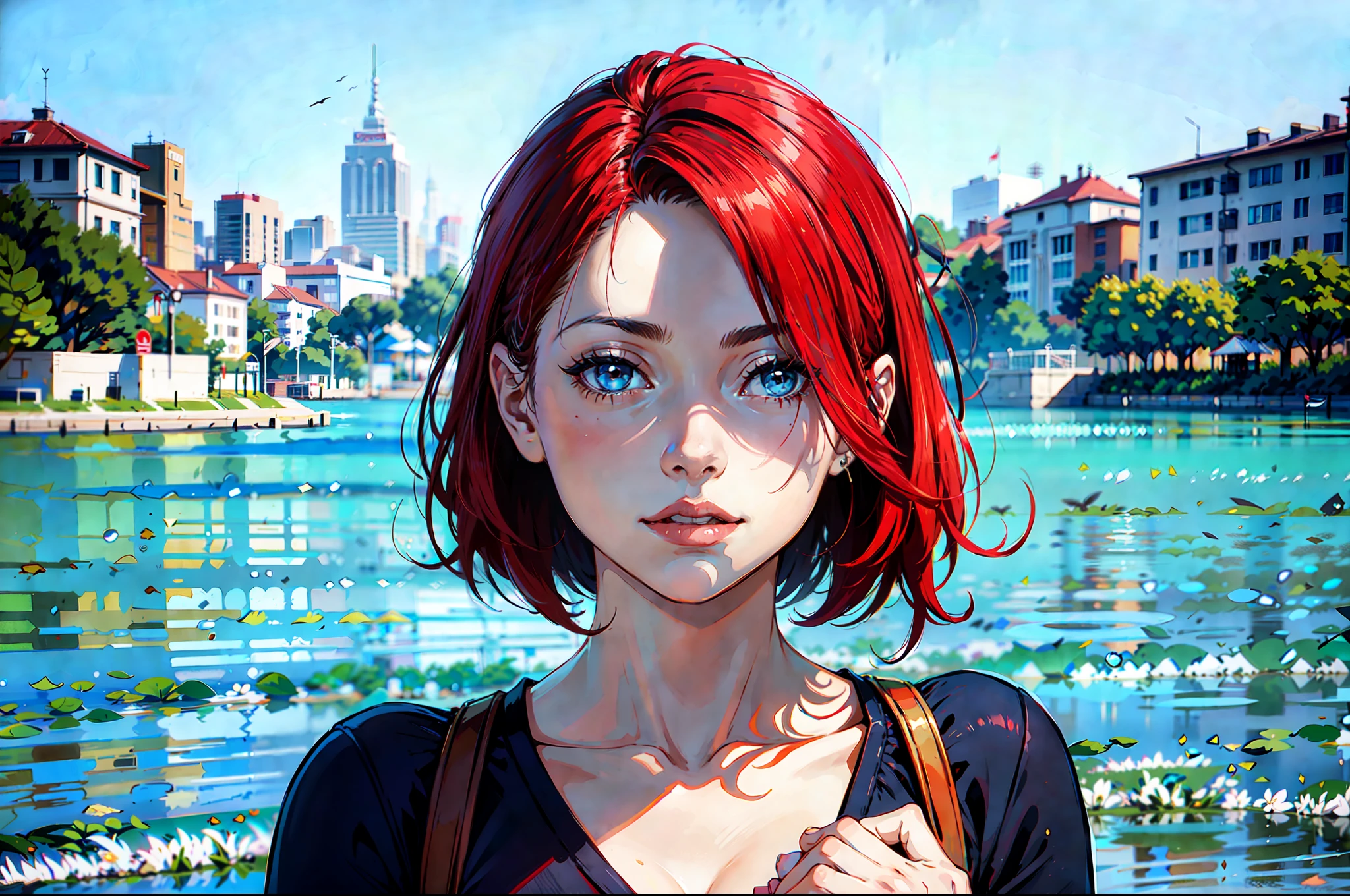 there is a young woman with a short hair and a blue shirt, a redheaded young woman, perfectly centered portrait, 7 0 mm portrait, red haired young woman, 4 k asymmetrical portrait, head centered portrait