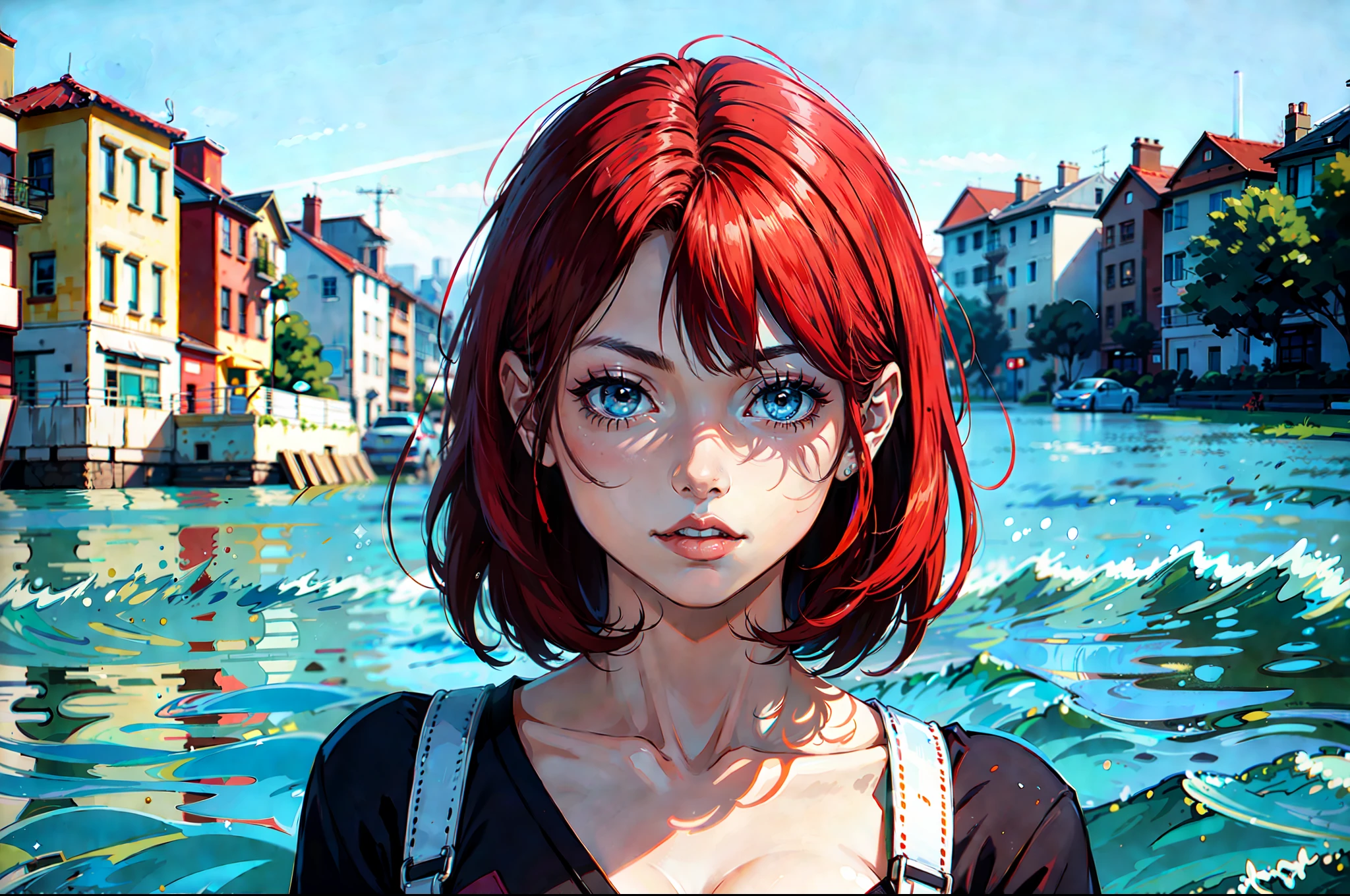 there is a young woman with a short hair and a blue shirt, a redheaded young woman, perfectly centered portrait, 7 0 mm portrait, red haired young woman, 4 k asymmetrical portrait, head centered portrait