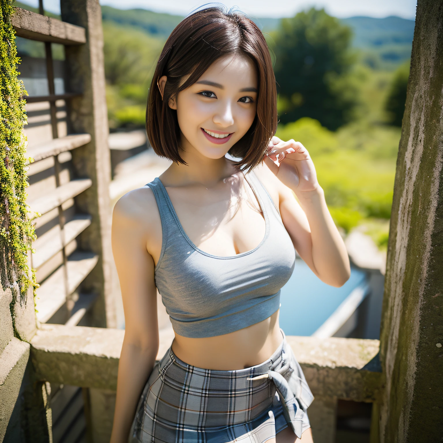 ((Top Quality, 8k, Masterpiece: 1.3)), Pretty Women with Perfect Body Shape: 1.4, (Big: 1.2), Highly Detailed Face and Skin Texture, Detailed Eyes, Beautiful Natural Views, Mini Skirt, Tank Top, Short Cut, College Girl, Wide Hips, 1girl, Cinematic, Full Body, Goddess of Japan, Smile, Waist Wriggling Pose