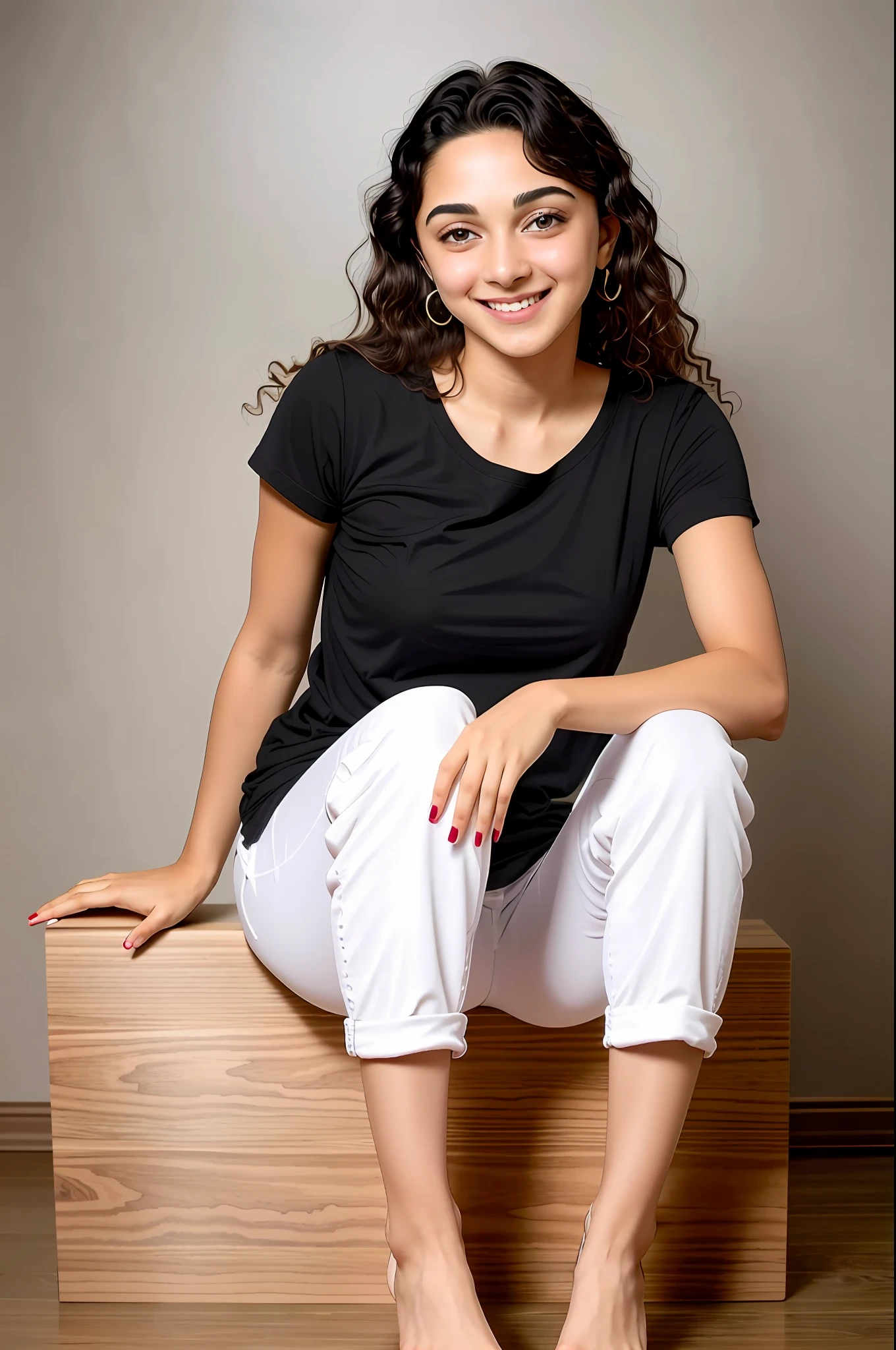 k14r4ad, portrait, black curly hair, European college student girl, beautiful girl, wearing black round neck plain Tee-shirt full length, tight baggy danim, Medium breasts no underneath bra, smiling girl, sitting on wooden long stool, studio environment, beautiful feets, red nail polish, black full length tee-shirt, beautiful foot,