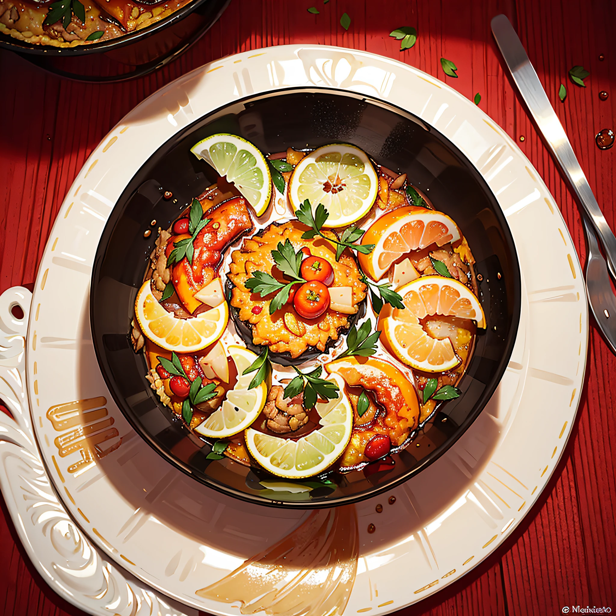 Paella valencianade marisco en una vasija de barro en plano comensal, primer plano, calidad gourmet --auto