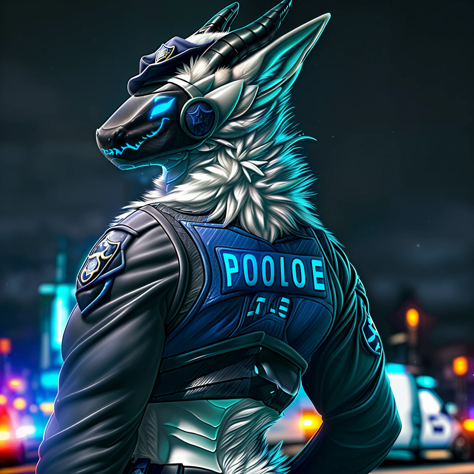 (realistic,city background, blurry background, masterpiece, simple lighting, night,)(Protogen, (white fur), pointy ears, inner ear fur, fluffy fur,black body,(protogen visor, protogen face, blue protogen visor), ((((dragon)))), torso , backside ,(((Police Cap))), (Police uniform), Police Attire)