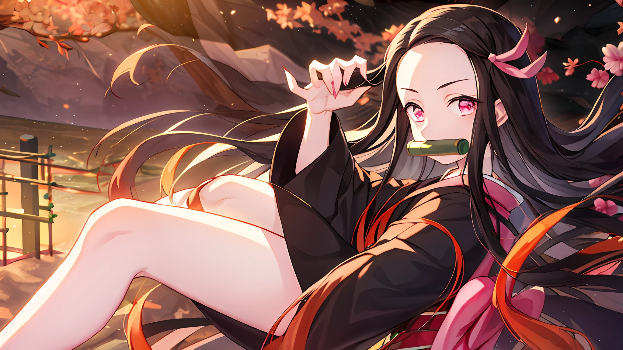 (kamado nezuko), Beautiful Japan scenery, ((​masterpiece)), Chewing bamboo to the side, Spiky nails, forehead, 1girl in, A dark-haired, Mouth closed, brow, Hair Ribbon, Kimono, The long-haired, Beautiful black hair, The tips of the hair are orange、Pink eyes, Pink kimono, Simple pink ribbon, length hair, Beautiful appearance, Detailed depiction of fingers,
