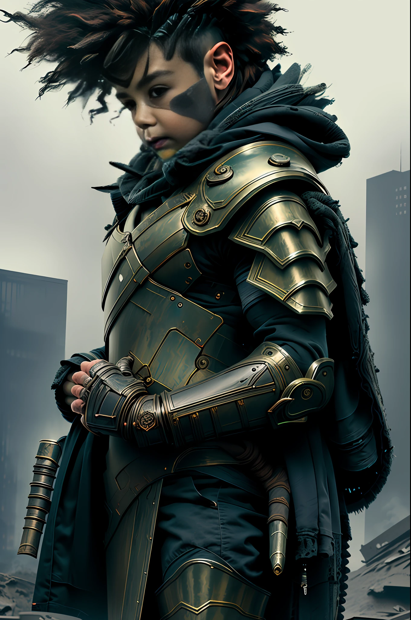 (artwork,highly detailed)(high resolution)"Visionary and fierce futuristic warrior with cutting-edge technology and advanced armor, displaying his strength and determination in a post-apocalyptic world",intricate detail