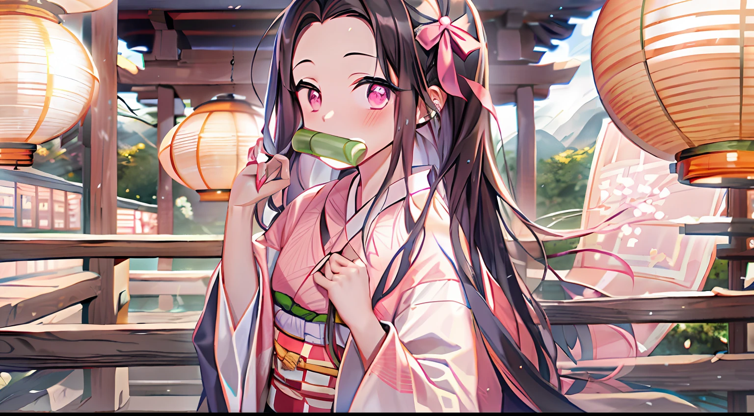 (kamado nezuko), Beautiful Japan scenery, ((masterpiece)), Chewing bamboo to the side, Spiky nails, forehead, 1girl in, A dark-haired, Mouth closed, brow, Hair Ribbon, Kimono, The long-haired, Beautiful black hair, The tips of the hair are orange、Pink eyes, Pink kimono, Simple pink ribbon, length hair, Beautiful appearance, Detailed depiction of fingers,