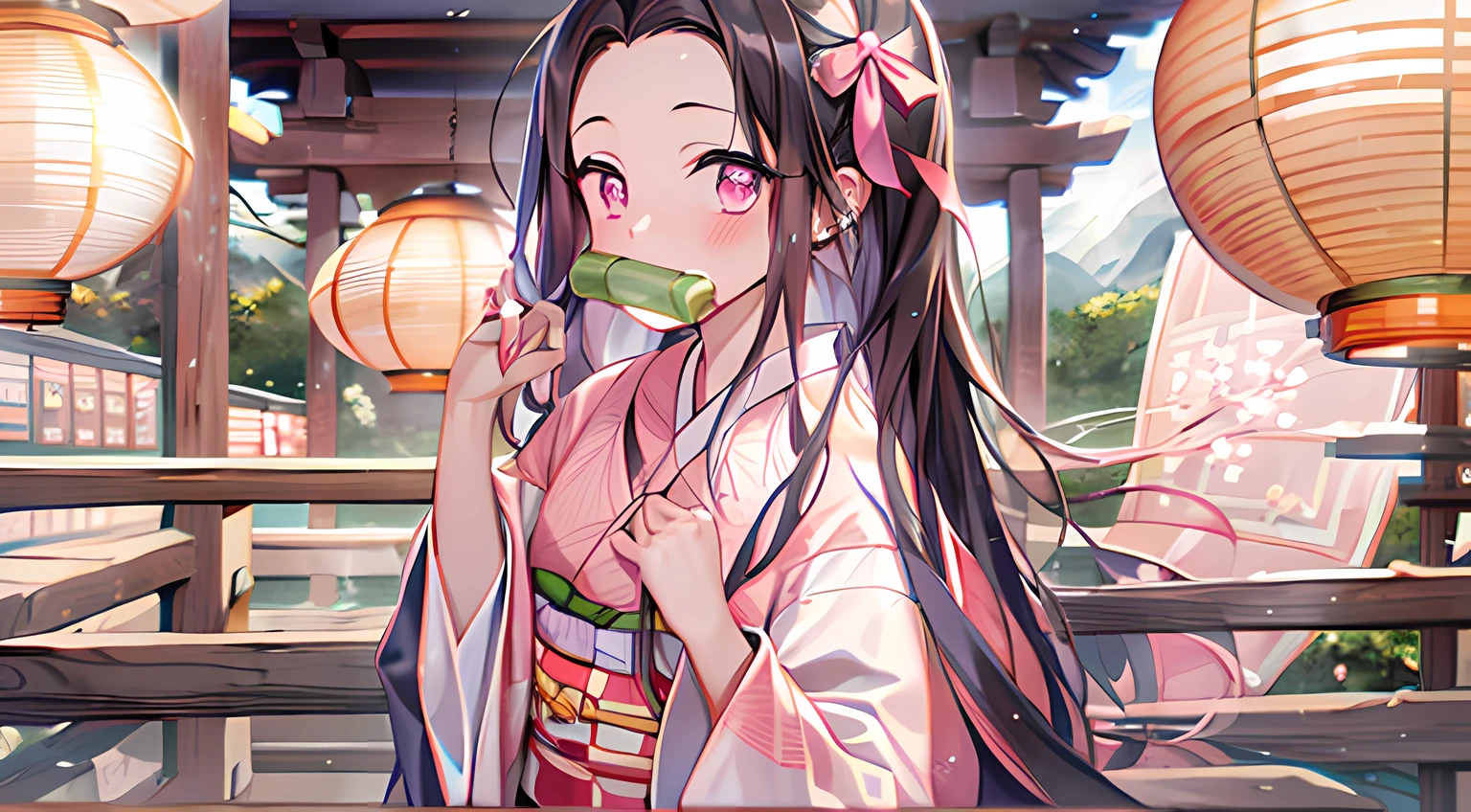 (kamado nezuko), Beautiful Japan scenery, ((masterpiece)), Chewing bamboo to the side, Spiky nails, forehead, 1girl in, A dark-haired, Mouth closed, brow, Hair Ribbon, Kimono, The long-haired, Beautiful black hair, The tips of the hair are orange、Pink eyes, Pink kimono, Simple pink ribbon, length hair, Beautiful appearance, Detailed depiction of fingers,