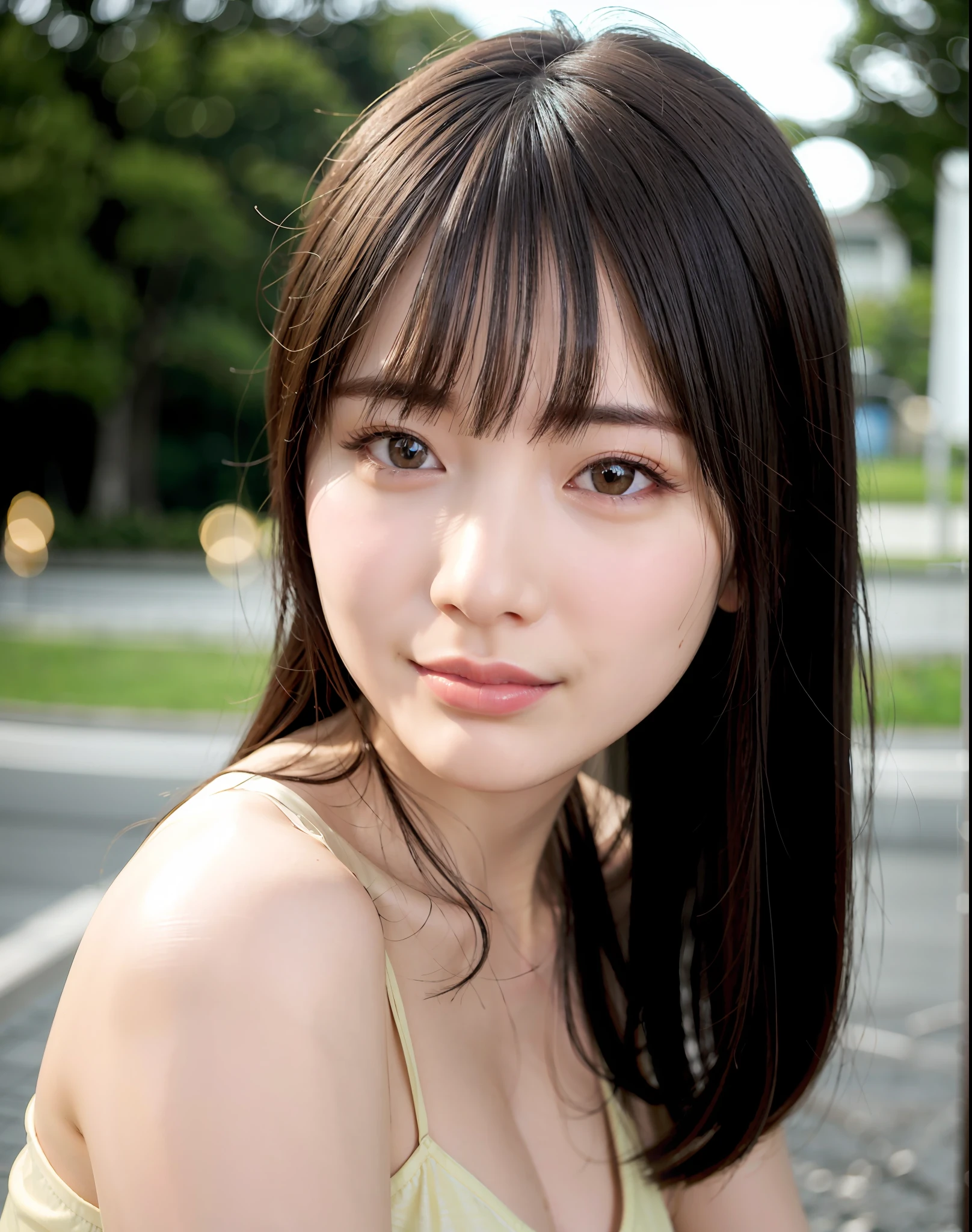 top-quality、Photorealsitic、8K、hight resolution、Ridiculous, unbelievable Ridiculous, huge filesize, ultra-detailliert, 女の子 1 a person、Pretty Woman、Very pretty woman、sixteen years old、Embarrassing、ssmile、moody expression、(dent in the skin)、slender、Very slender、very slender figure、Attractive and cute eyes、(profetional lighting、bokeh dof)、(Street)、(a person々、Large crowds:0.6)、posterior view、chee、A dark-haired、Cute camisole、(portlate:0.6)、a gorgeous、bloom、(Floating hair)、(Particles of light、lensflare、Luminous particles:0.6)、softlighting、slender、Canon EOS-1D X、电影灯光、Natural outdoor lighting、Complex and beautiful lighting、raytrace、Ray tracing、Real Human Skin、((Realistic facial pores))、Uses human skin texture、Must be the texture of human skin、Flowing hair