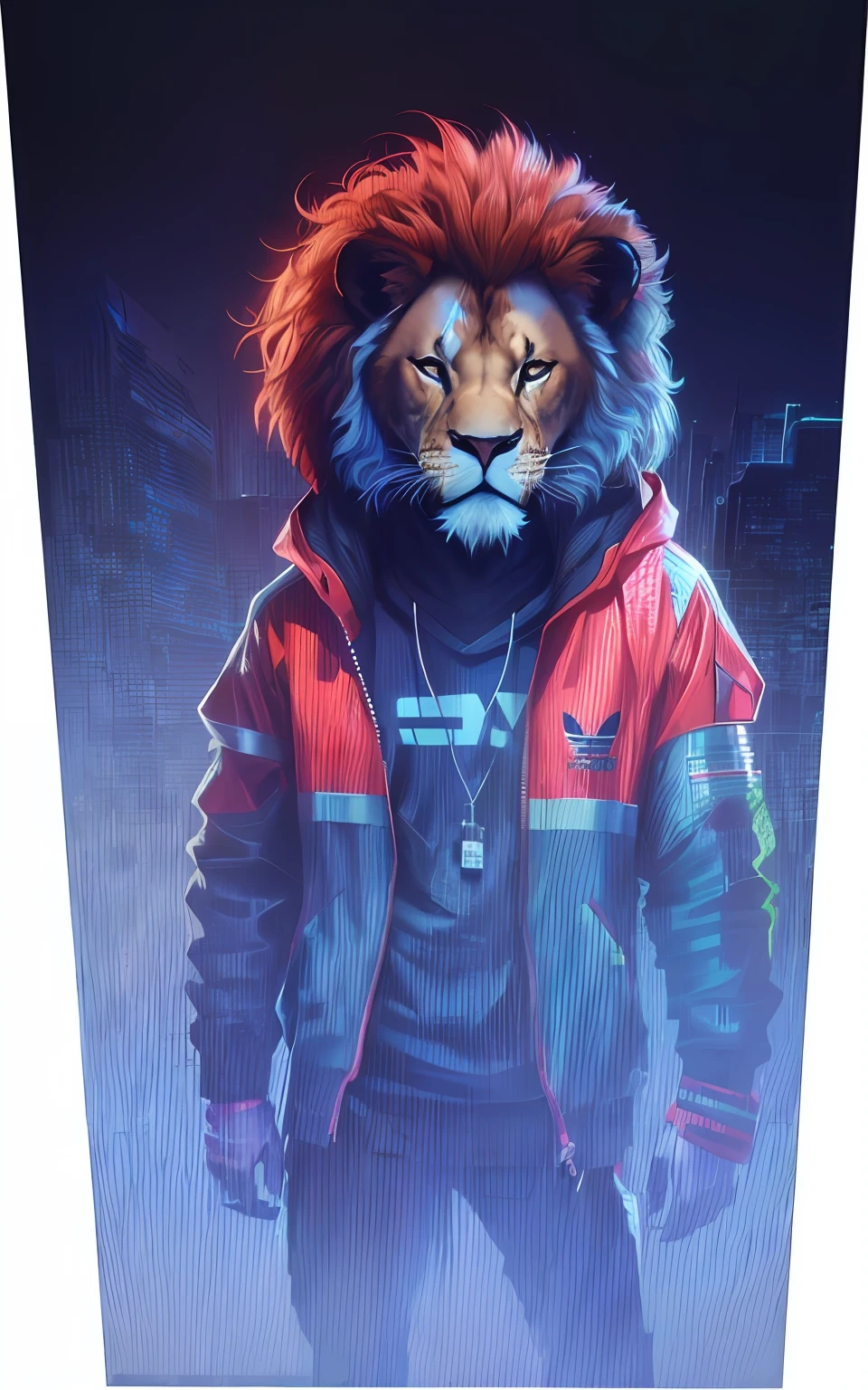 a closeup of a person wearing a jacket and a lion, 2 d full body lion, estilo de arte synthwave ]!!, Da linha direta Miami, inspirado em Liam Wong, [ estilo de arte synthwave ]!!, [ estilo de arte synthwave ]!! ]!!, baseado em um puma, Chappie em um traje de treino da adidas, Estilo Synthwave, estilo disco elysium!!!