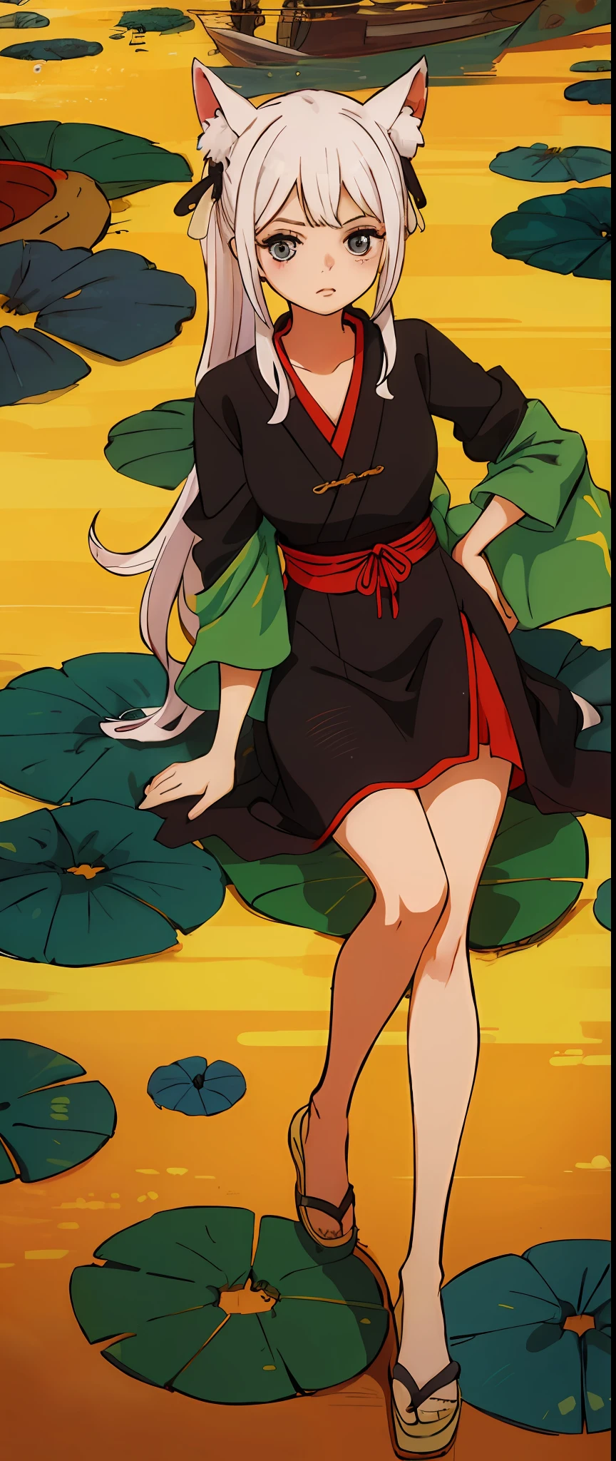 ((4k,masterpiece,best quality)), shuimobysim, Traditional chinese painting, lotuses, Hanfu, maxiskit, dress conservatively 1 girl, 独奏, whaite hair, long whitr hair, fox ear, white colors, 比基尼, The fish, Many fish are close to the girl, looking at viewert, Titillating,Genshin Ganyu