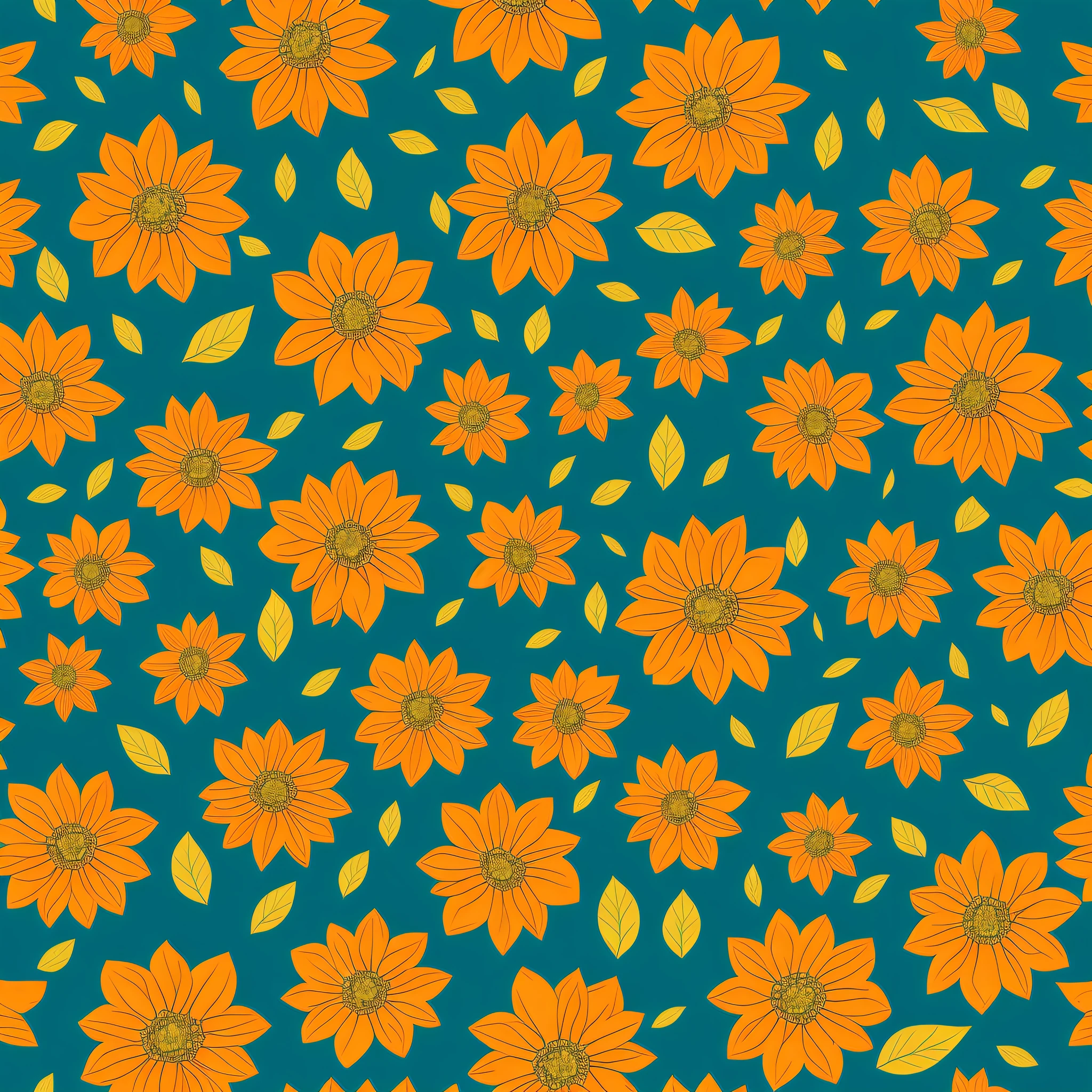pattern, 2k, 2d, flowers, green, blue, orange colors