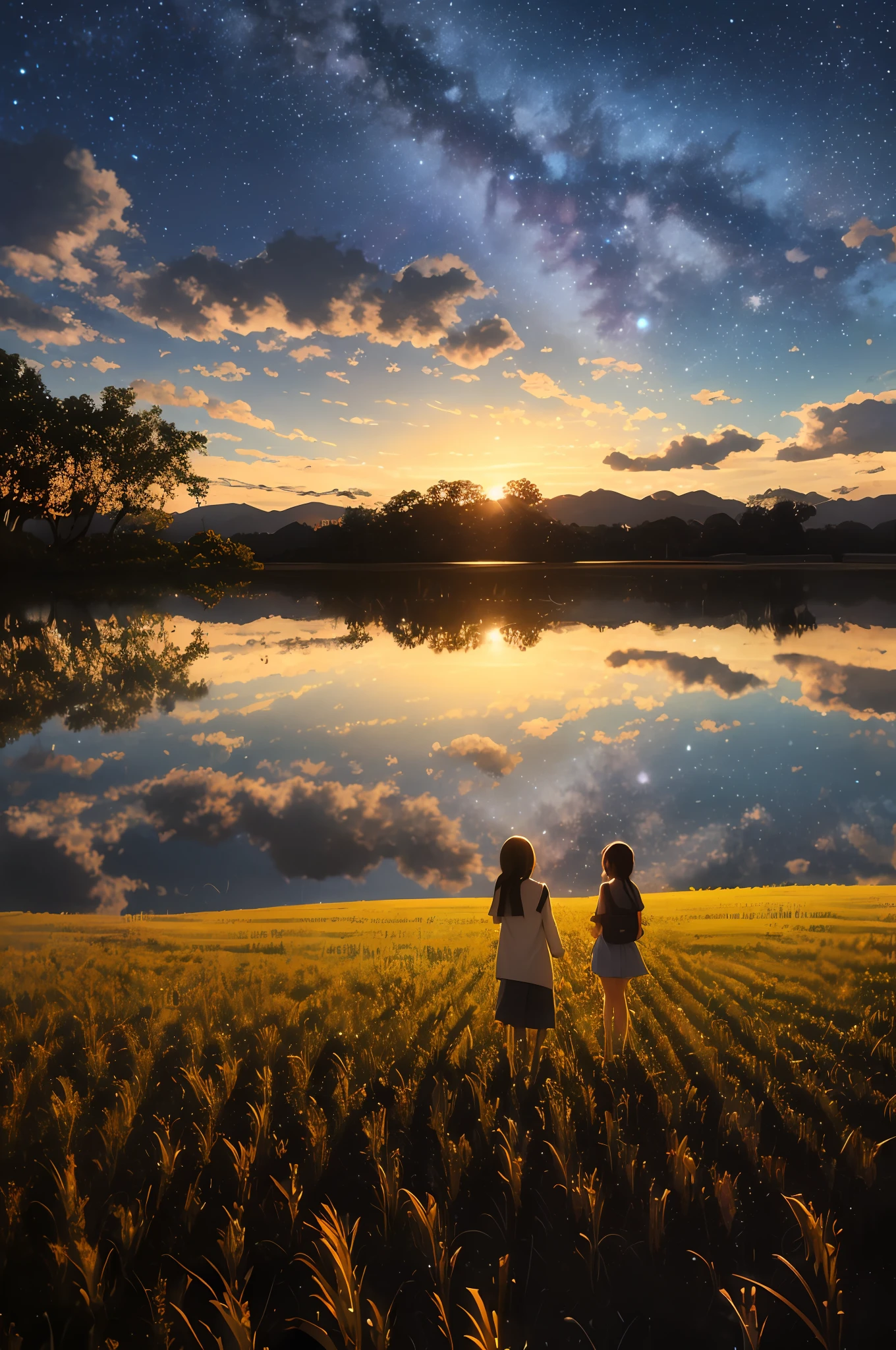 octane,Skysky,As estrelas(Skysky),scenecy,starrysky,the night,1girll,nigh sky,独奏,exteriors,ricefield,clouds,galactic,The tree,城市,siluette,NOWAI,stillness,night scene --auto