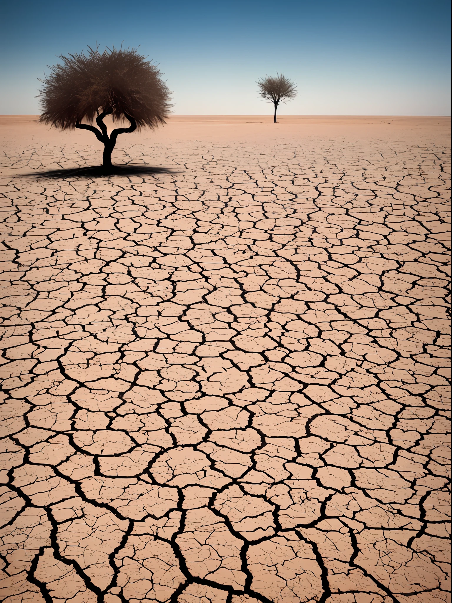 A lone tree in the dry, The background is a cracked field of sunset, drought, Barren dryland, Cracked earth, scorched earth, In the desert of burning soil, dry landscape, Desolate land, lpoty, The dry lake bed ruptures, barren landscape, Dry desert, Dying Earth, arid ecosystem, Desolate wasteland, drying