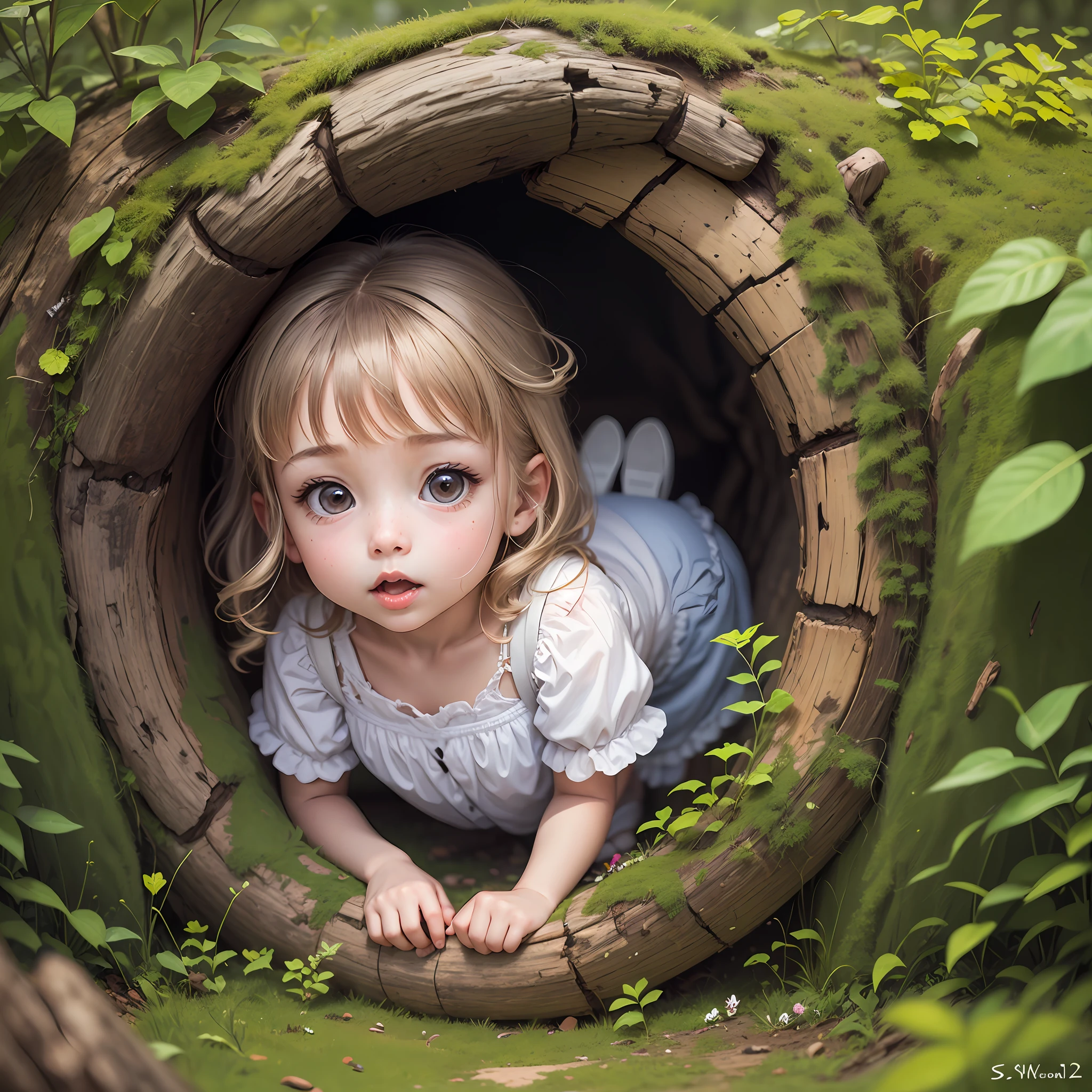 a cute little girl coming out of a rabbit hole --auto --s2