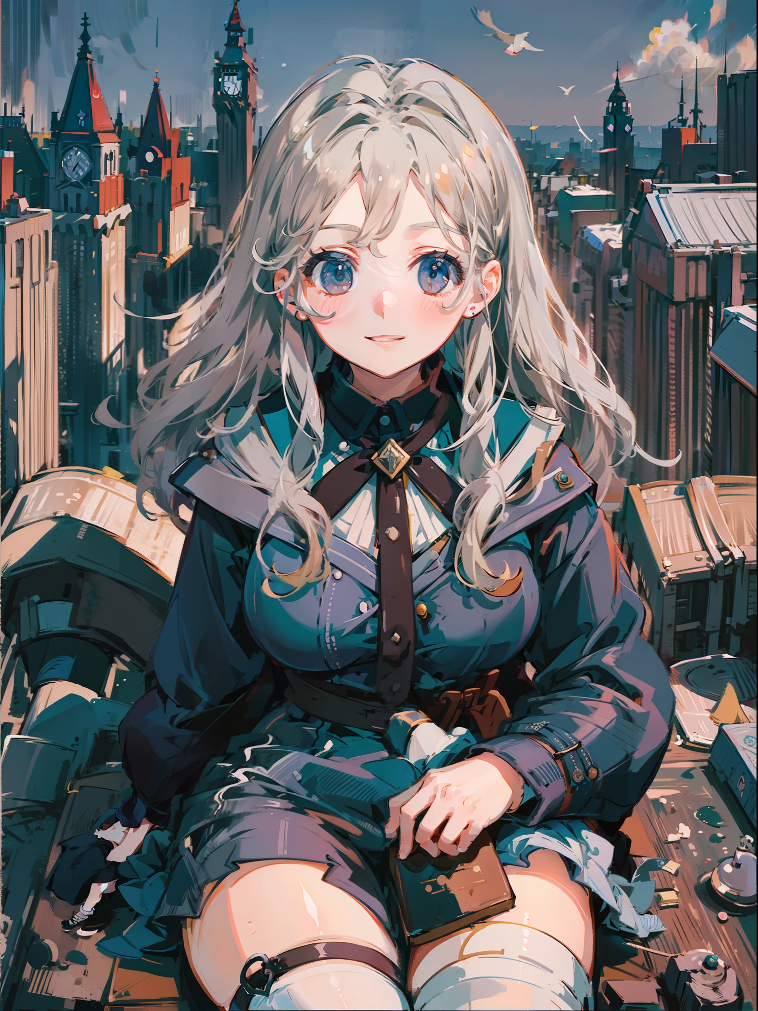 Very beautiful woman sitting by a big clock。Smiling。Composition looking down from above。Silver wavy hair。Cool clothes inspired by beautifully decorated work clothes。overknee socks。Brick cityscape。vast blue sky。Dynamic composition with depth。Extremely high quality、high-level image quality、Extremely delicate drawing。Rarely seen workmanship