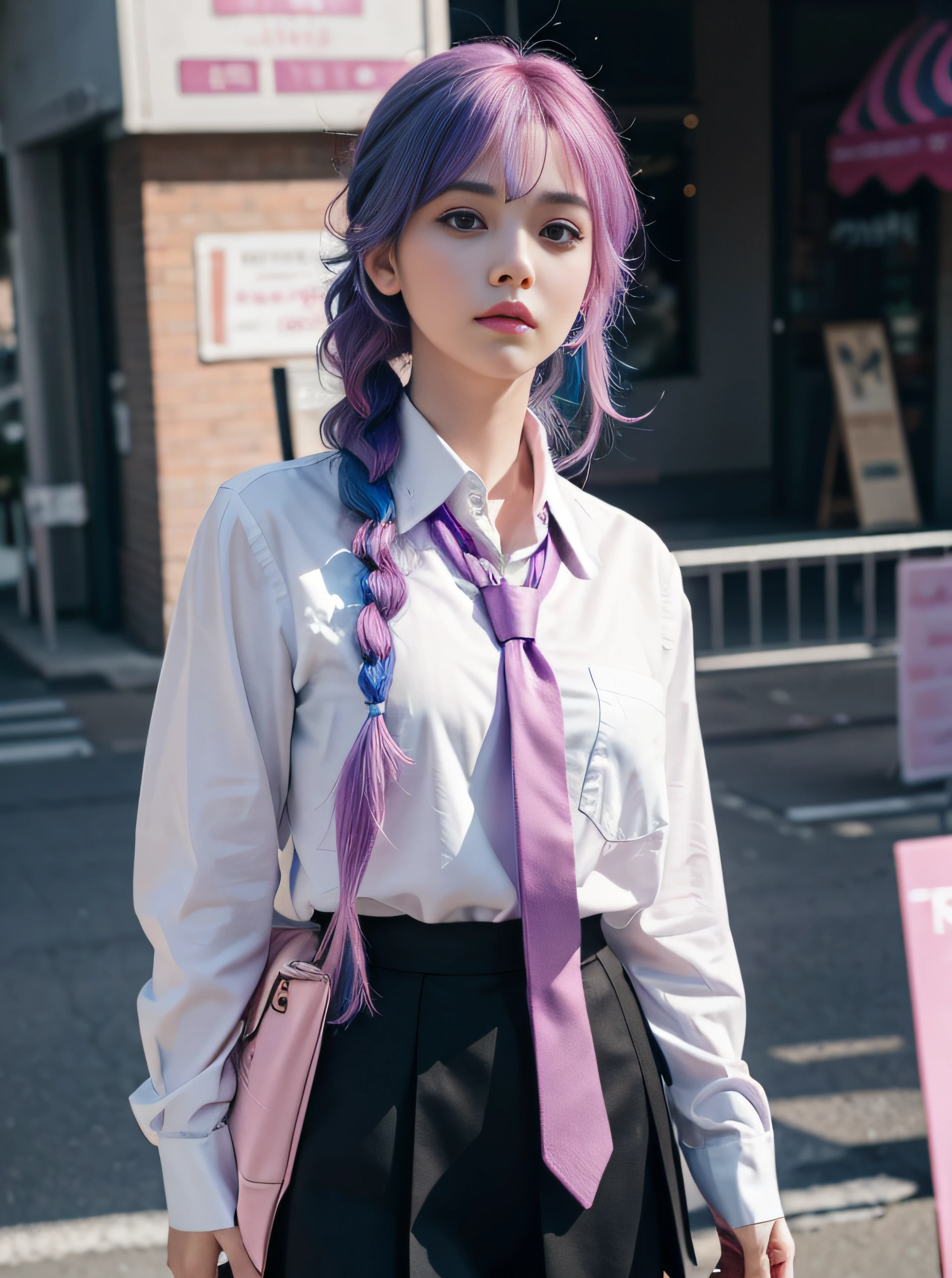 (masterpiece), best quality, expressive eyes, perfect face,((realistic)), image of a female with purple and blue hair and a black shirt, 1girl, solo, shirt, necktie, collared shirt, pink hair, multicolored hair, white shirt, braid, blurry background, blue hair, skirt