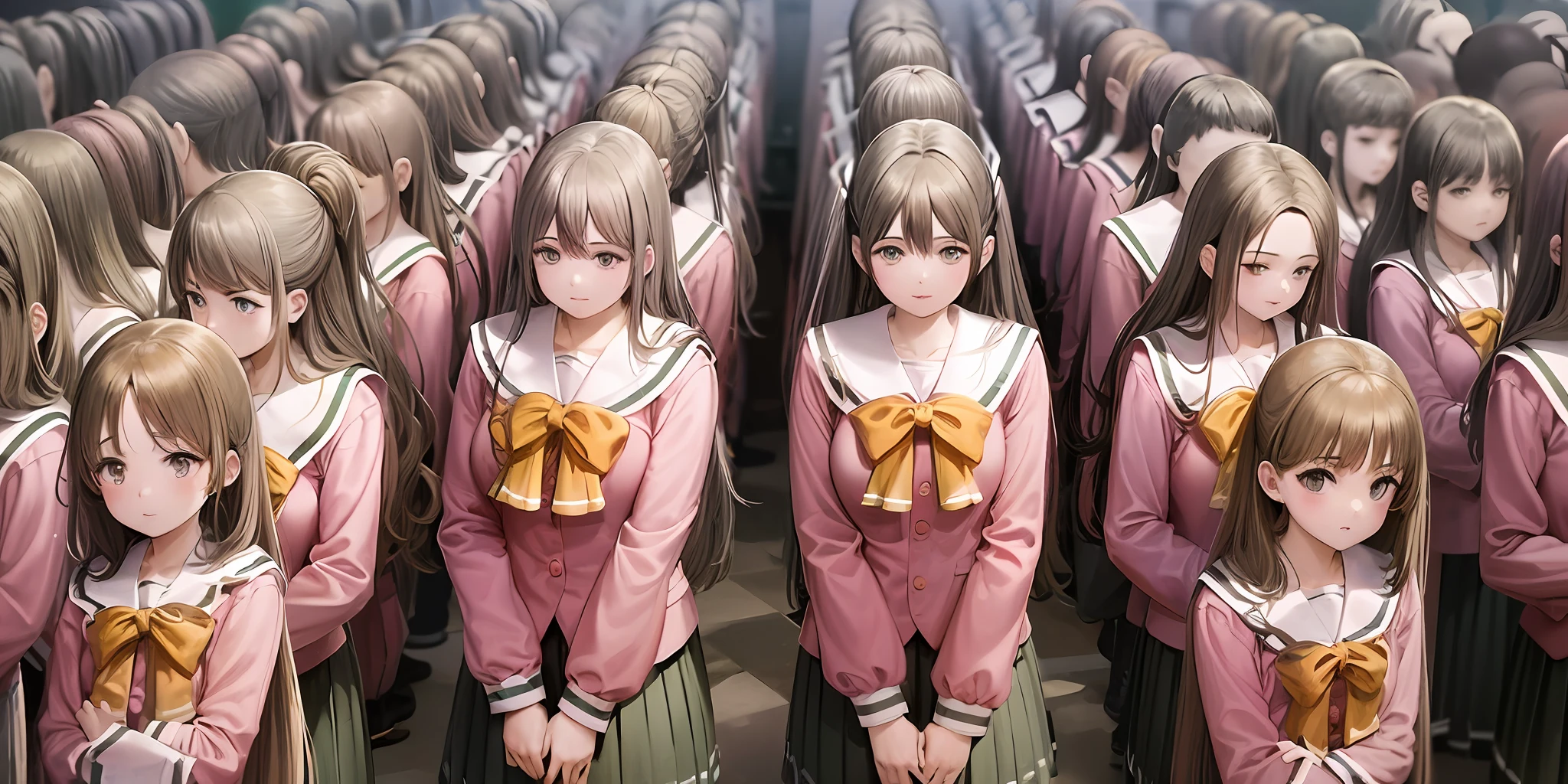 ((Masterpiece, highres)), ((thousands of, crowd of)), girls, group, clones, (( brown haired girls, blonde girls)), long hair, curly hair, matching hairstyles, different hair color, confident, elegant, rich girls, emotionless, arms at sides, straight backs, (((matching outfits, identical outfits, pink school uniforms))), standing at attention, shoulder to shoulder, same pose, sisters in neat rows, many rows, crowd shot