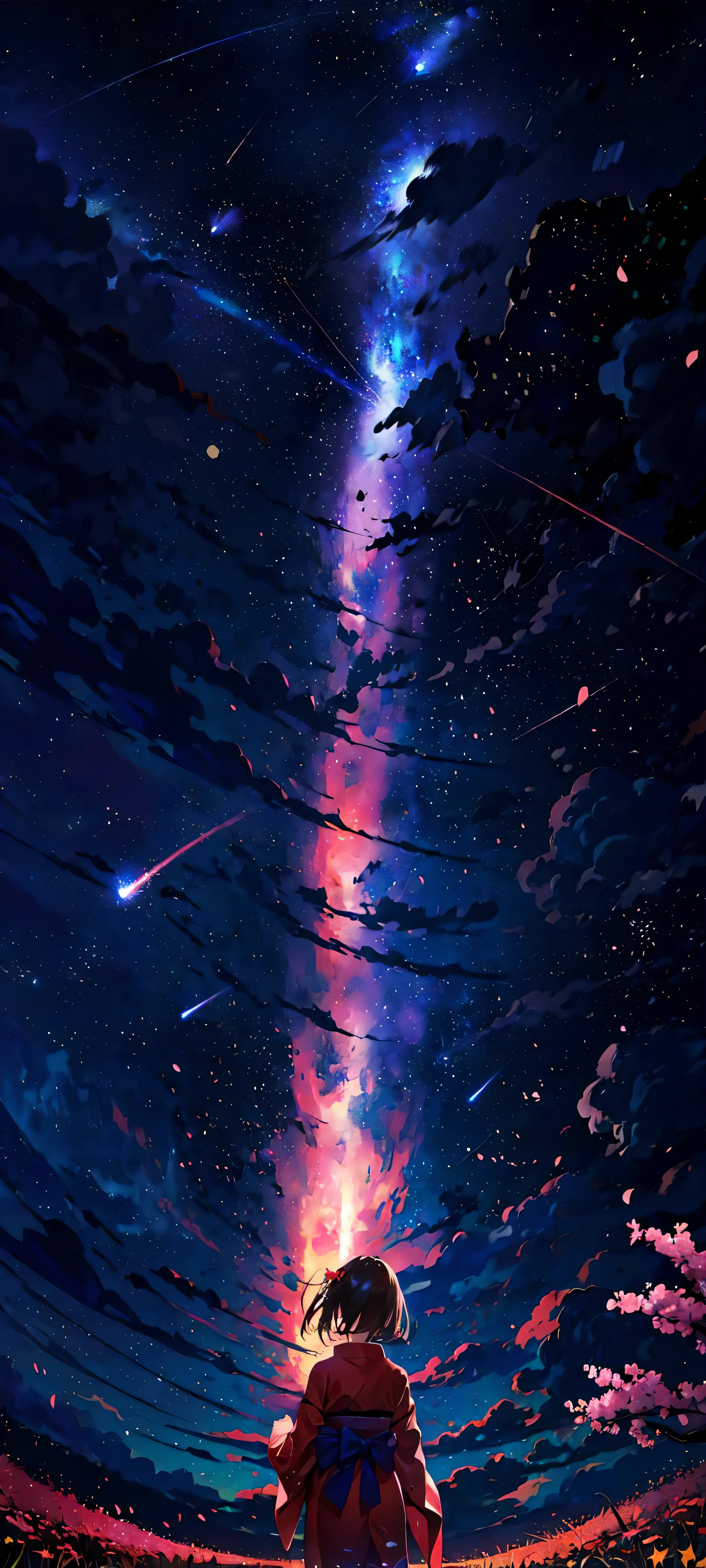1girl, distant girl wearing a kimono staring at the stars, (zoomed out:1.1), (meteor shower:1.2), (comet:1.1), your name, low angle, from behind, aroura borealis, shooting star, yukata, red kimono, cherry blossoms, standing in a field,best quality, masterpiece, cloud,colorful, starry,stars,