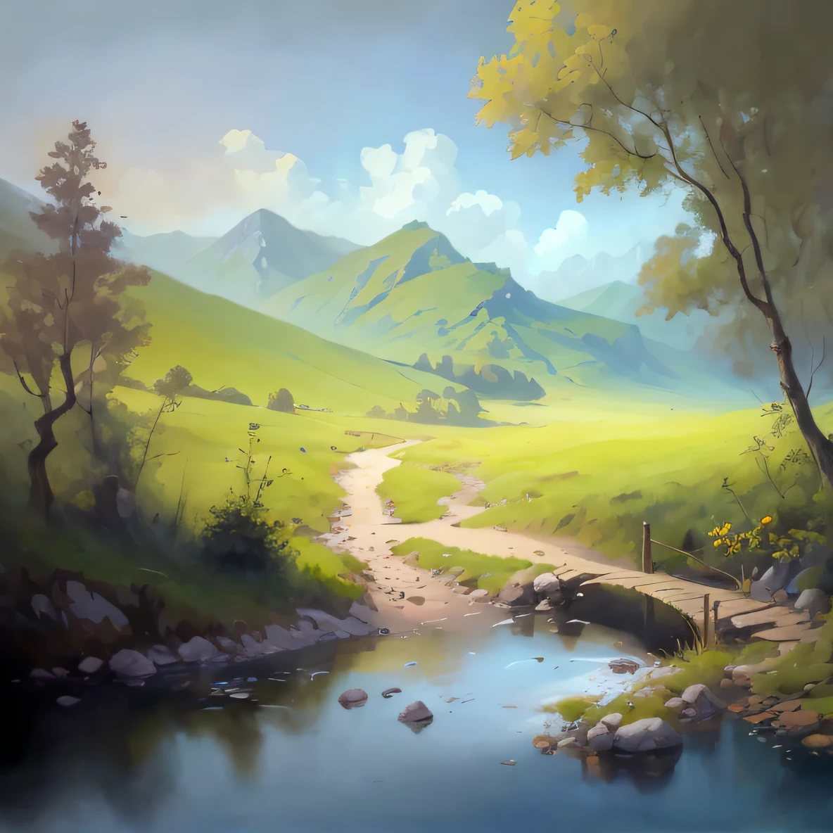 painting of a small bridge over a stream in a green valley, Pintura digital 4k, Pintura digital 4K, baixo detalhamento. pintura digital, pintura digital detalhada, inspirado em Andreas Rocha, arte conceitual de pintura digital, pintura digital bonita, lindo pintura digital, 8k resolution digital painting, 8k resolution digital painting, Pintura digital 8k, pintura digital 4k