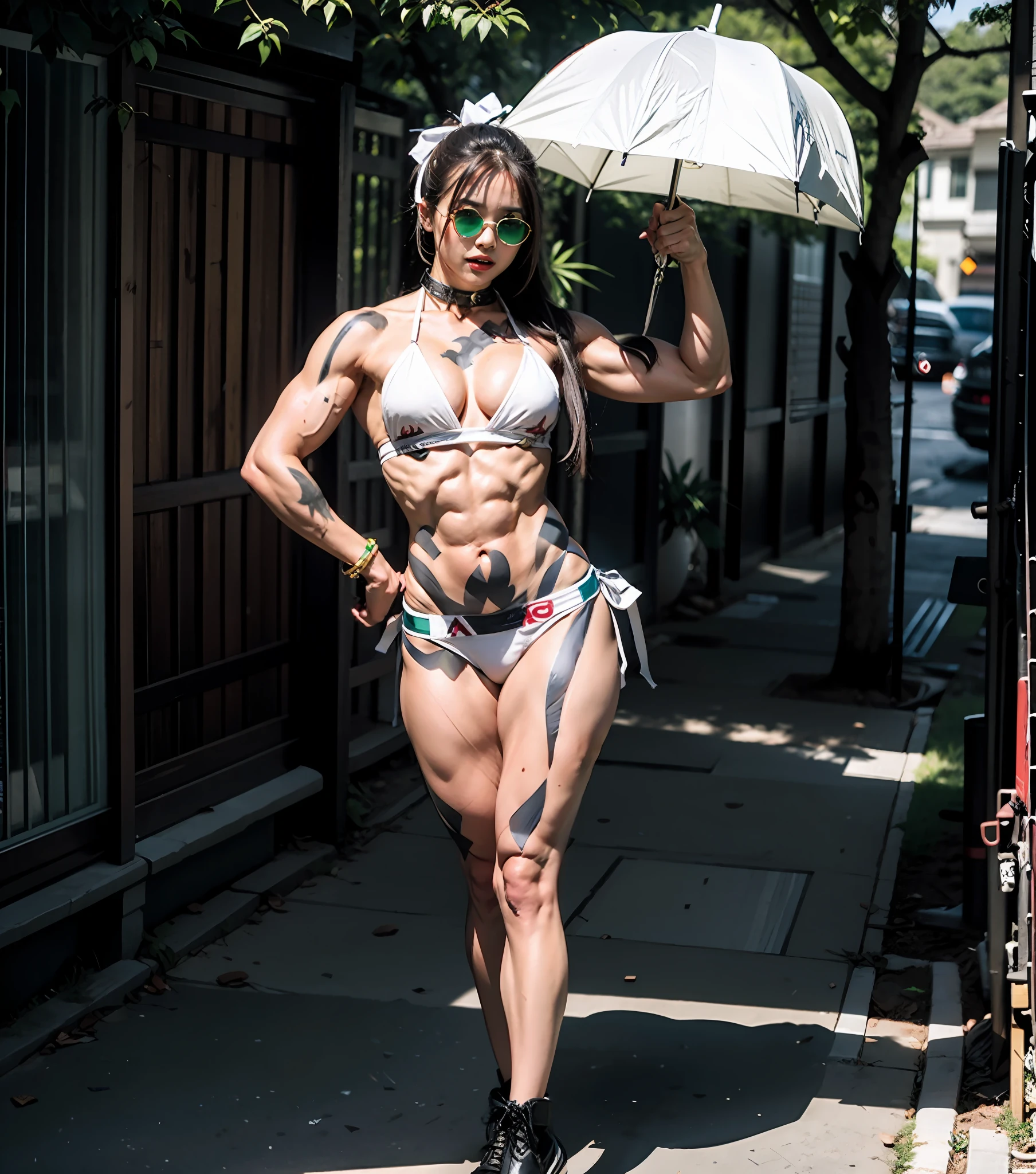 one-girl，mai shiranui，Super super strong muscles，Muscle woman，Oversized pectoral muscles，Super pronounced abs，Oversized biceps，Exposure of green tendons，A white bikini，White heels，Show gestures，