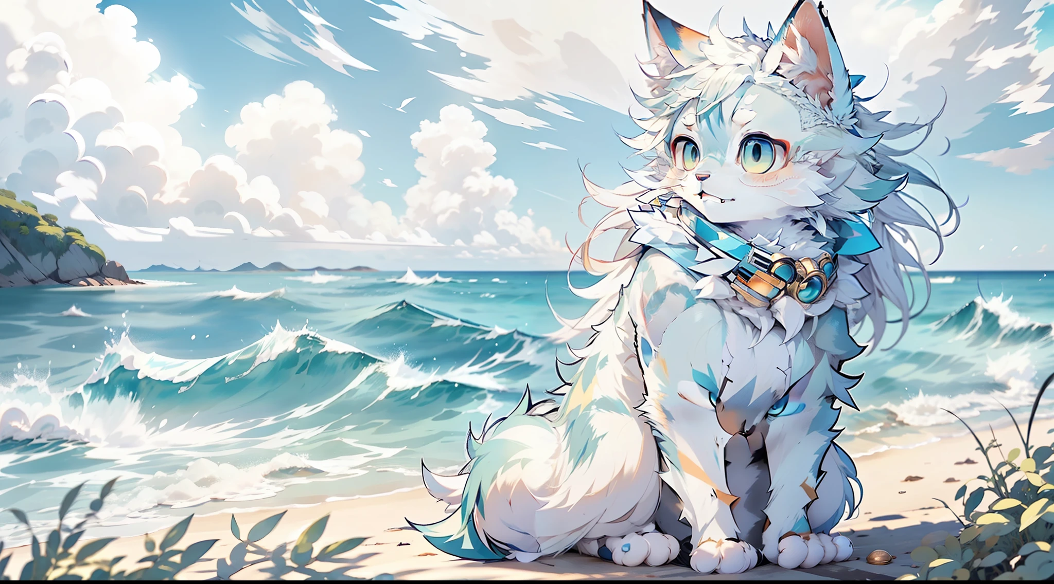 Bluish white fur,hairy chest,By the beach,Cat-eared Shota,PC Wallpapers