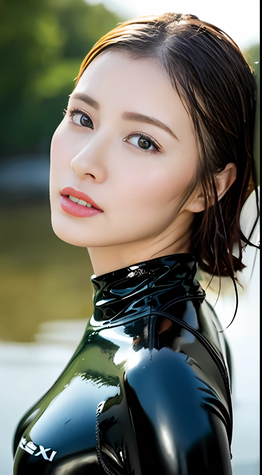 (Top Quality, 4k, Masterpiece: 1.3), Japan Woman, 1 Girl, Sexy: 1.1, Dark Brown Hair: 1.1, (Wet Body: 1.3), Glossy, Latex, Wetsuit, Ultra Detailed Face, Detailed Lips, Detailed Eyes, Red Lipstick, Open Mouth