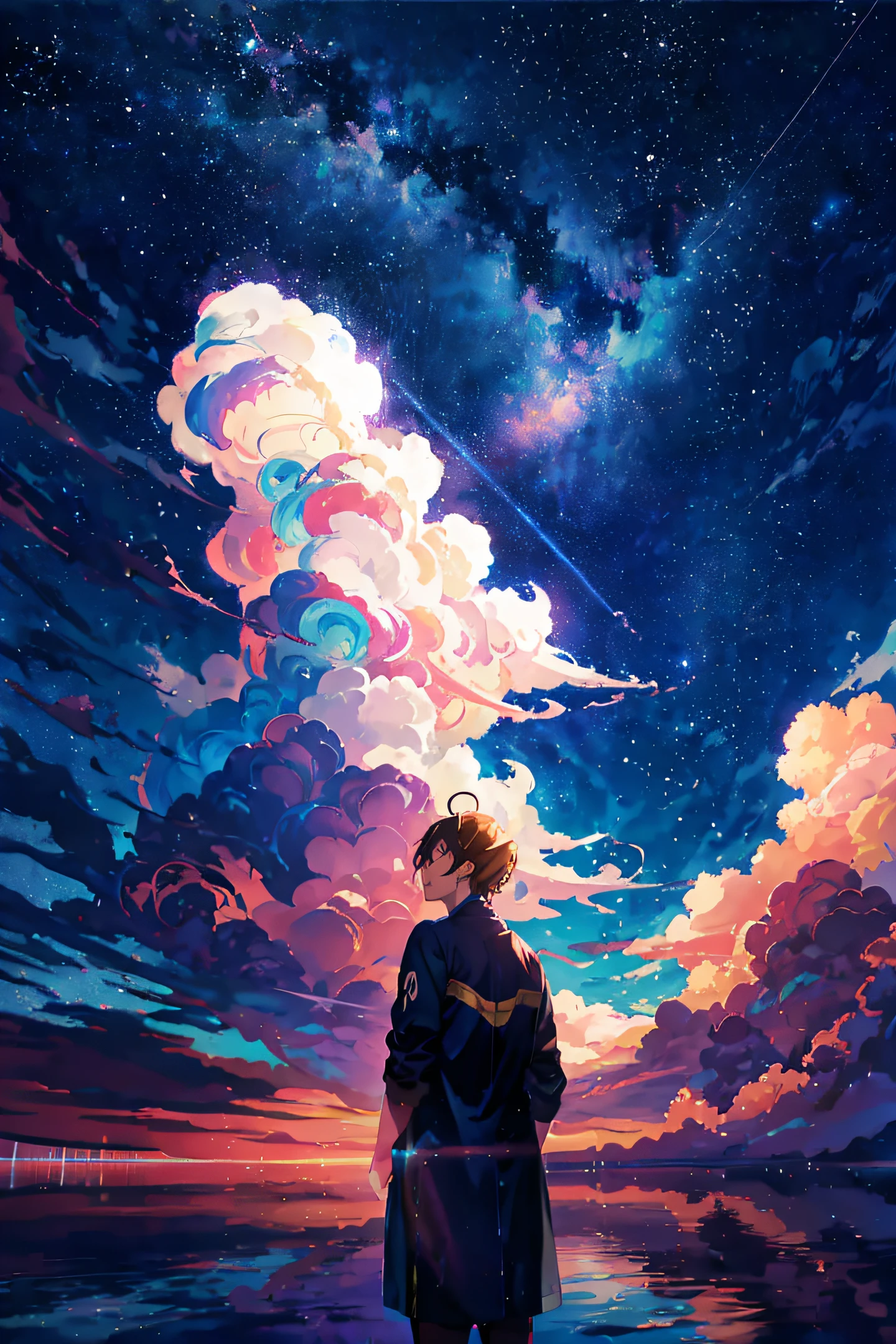 anime, a man standing in front of a lake looking at the sky, anime art wallpaper 4k, anime art wallpaper 4 k, anime art wallpaper 8 k, 4k anime wallpaper, anime wallpaper 4 k, anime wallpaper 4k, sitting on the cosmic cloudscape, on cosmic cloudscape, makoto shinkai cyril rolando, space clouds, anime sky
